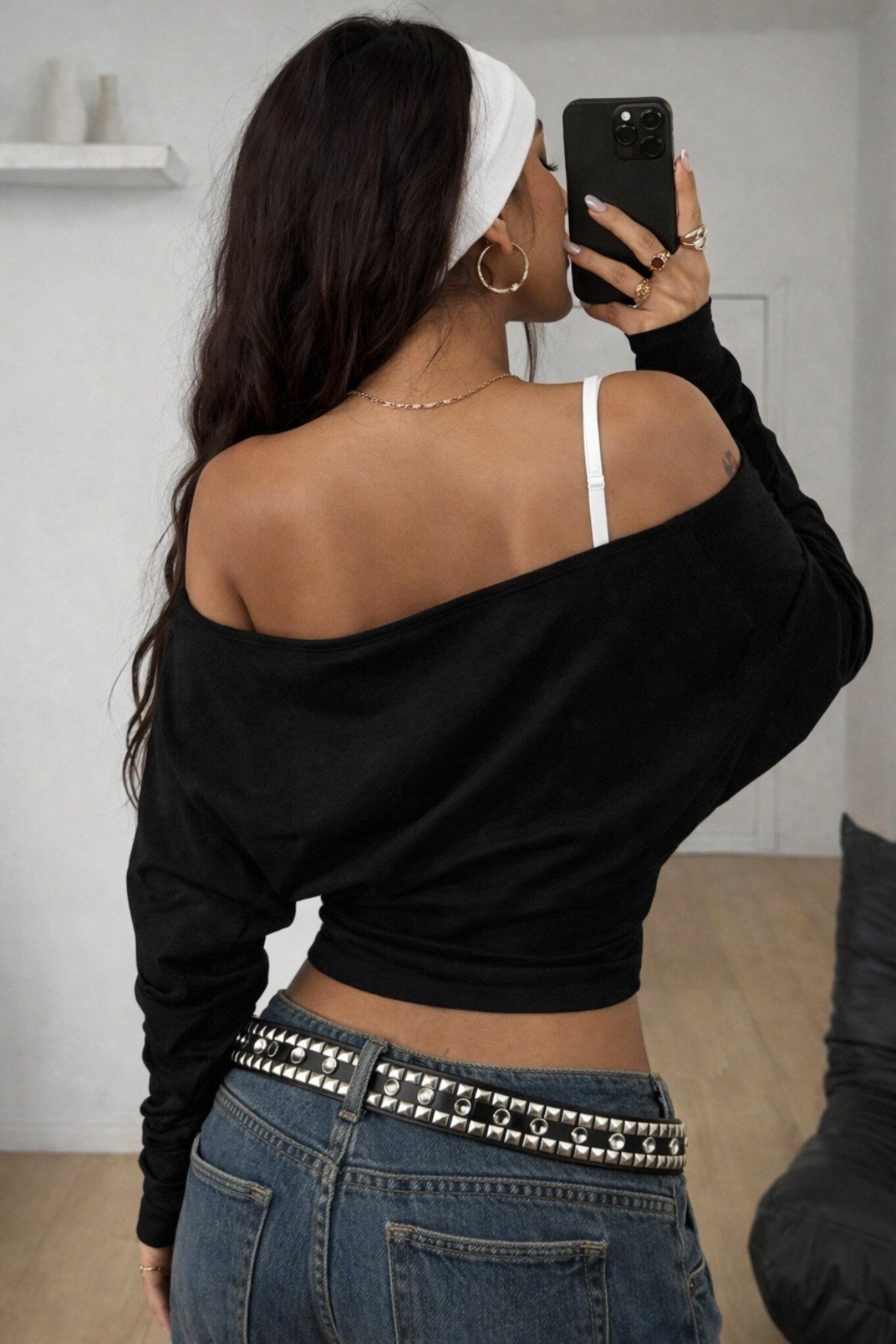 Tarz CoolCropKRUVAZE0203R01Kadın Kruvaze Yaka Uzun Kollu Crop Bluz