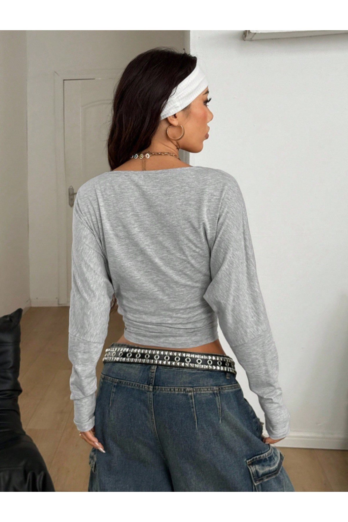 Tarz CoolCropKRUVAZE0203R01Kadın Kruvaze Yaka Uzun Kollu Crop Bluz