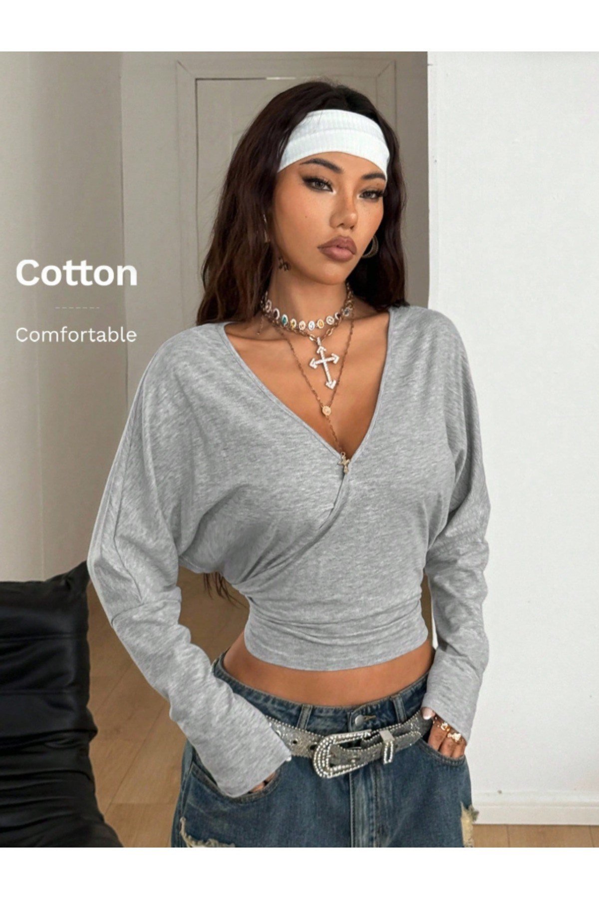 Tarz CoolCropKRUVAZE0203R01Kadın Kruvaze Yaka Uzun Kollu Crop Bluz