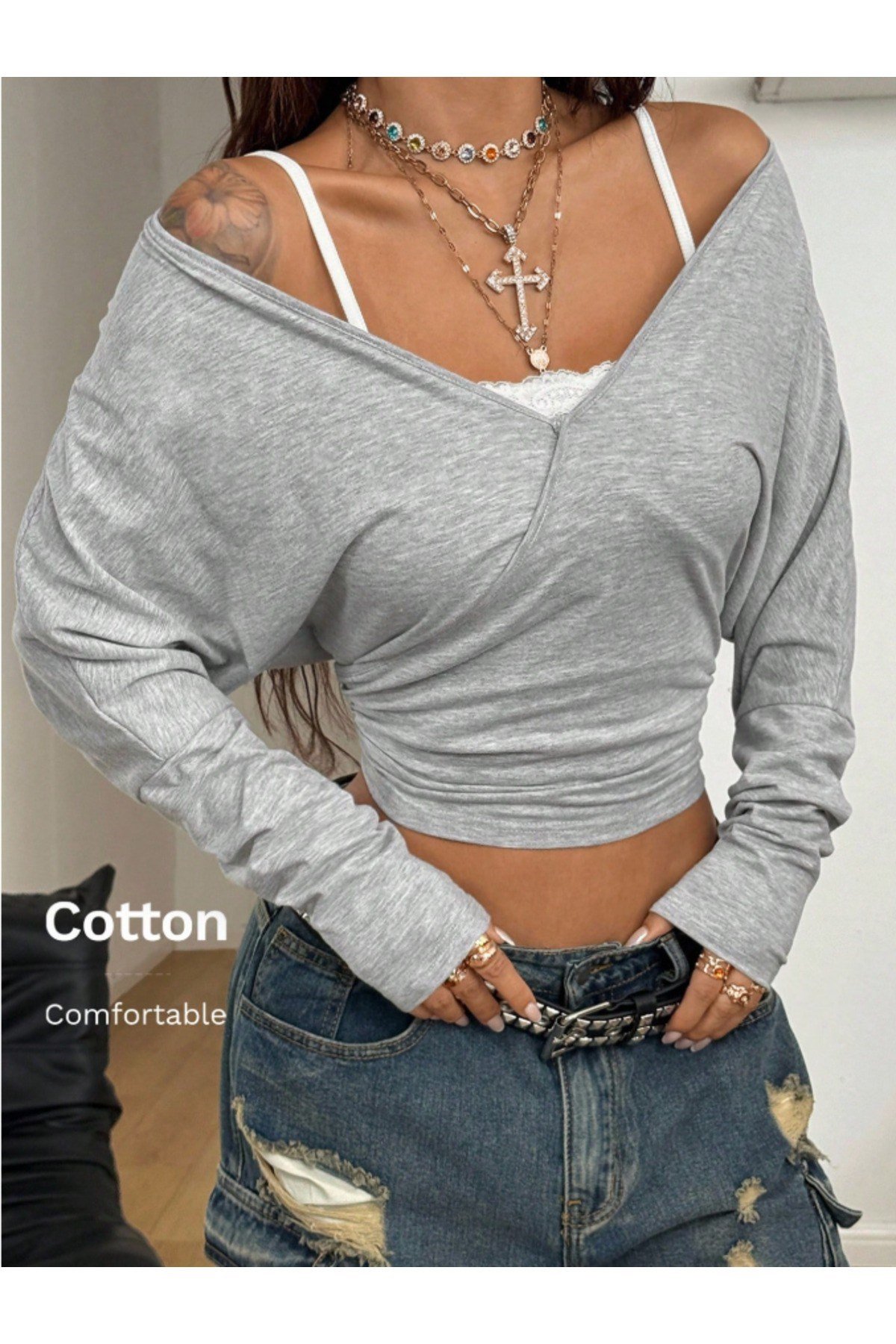 Tarz CoolCropKRUVAZE0203R01Kadın Kruvaze Yaka Uzun Kollu Crop Bluz