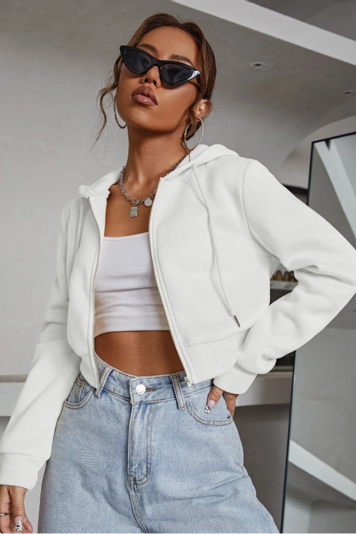 Tarz CoolCropSWTCRP025R04Kadın Kapüşonlu Şardonlu Crop Sweatshirt