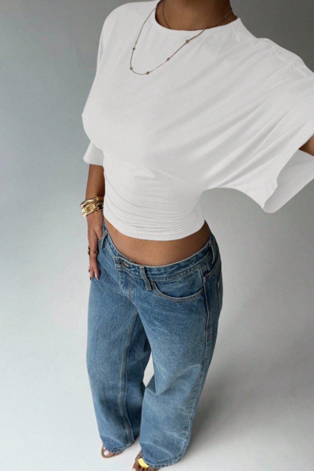 Tarz CoolCropTZCL-WMN-FL-001-SYH-XLKadın Crop Bluz Yarım Kol Salaş Fit Yüksek Bel Büzgülü Basic Tişört