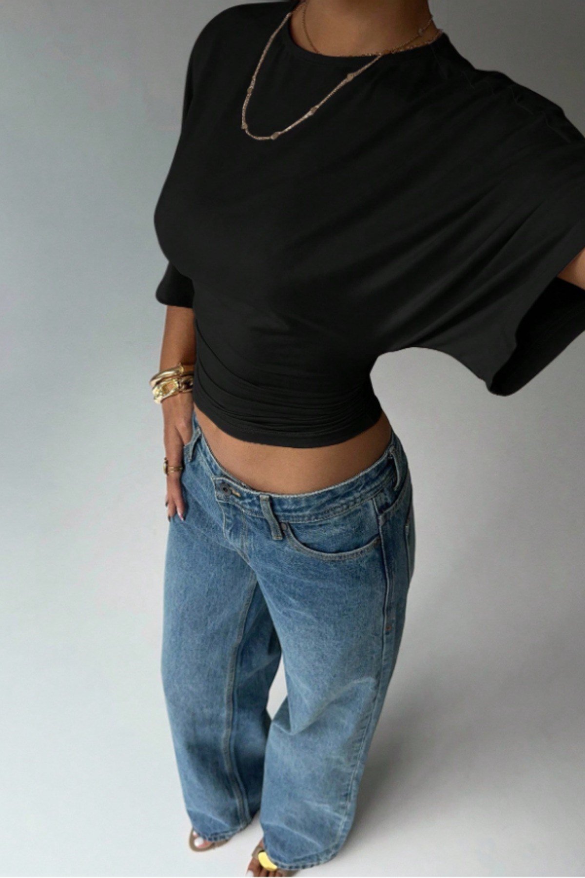 Tarz CoolCropTZCL-WMN-FL-001-SYH-XLKadın Crop Bluz Yarım Kol Salaş Fit Yüksek Bel Büzgülü Basic Tişört