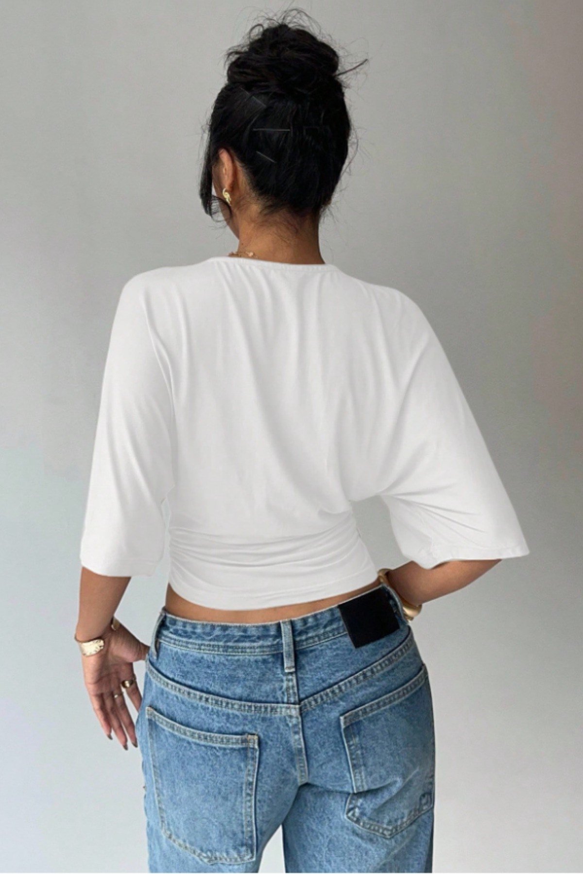 Tarz CoolCropTZCL-WMN-FL-001-SYH-XLKadın Crop Bluz Yarım Kol Salaş Fit Yüksek Bel Büzgülü Basic Tişört