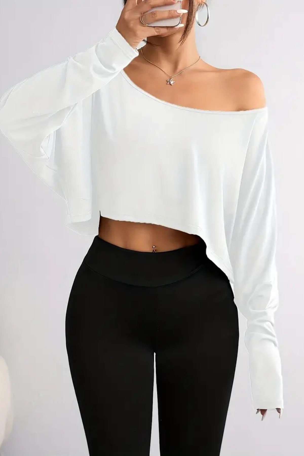 Tarz CoolCropUZNKDNTS030-M6-R70Kadın Düşük Omuz Kayık Yaka Oversize Uzun Kollu Crop T-Shirt