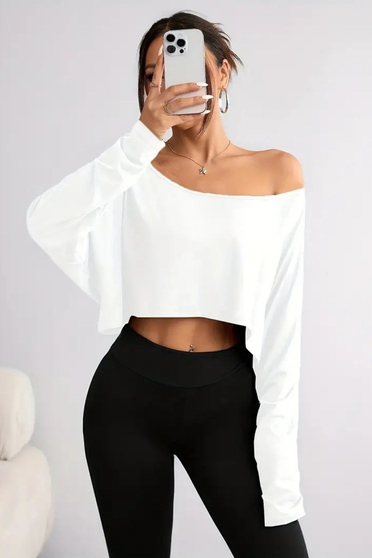 Tarz CoolCropUZNKDNTS030-M6-R70Kadın Düşük Omuz Kayık Yaka Oversize Uzun Kollu Crop T-Shirt