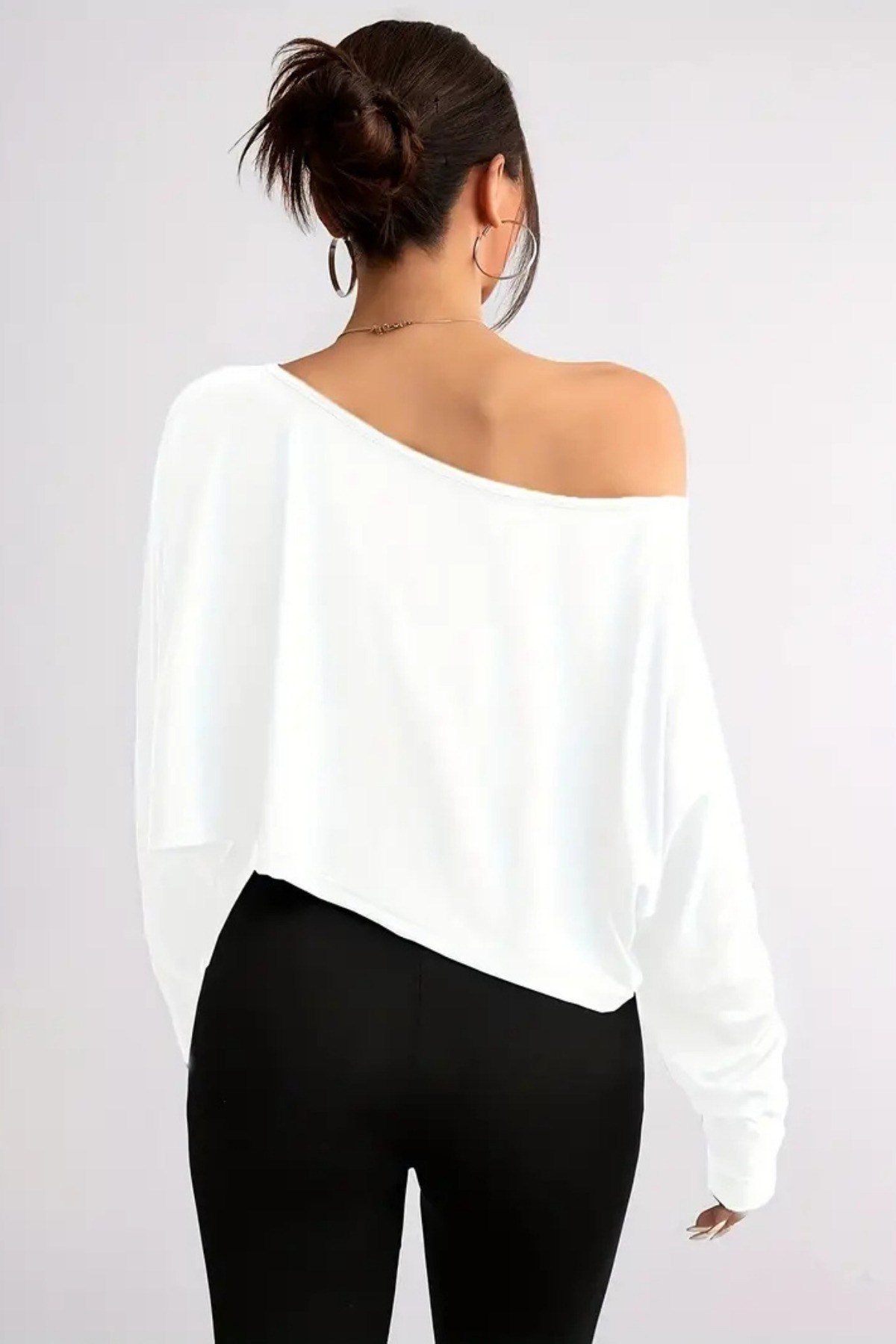 Tarz CoolCropUZNKDNTS030-M6-R70Kadın Düşük Omuz Kayık Yaka Oversize Uzun Kollu Crop T-Shirt