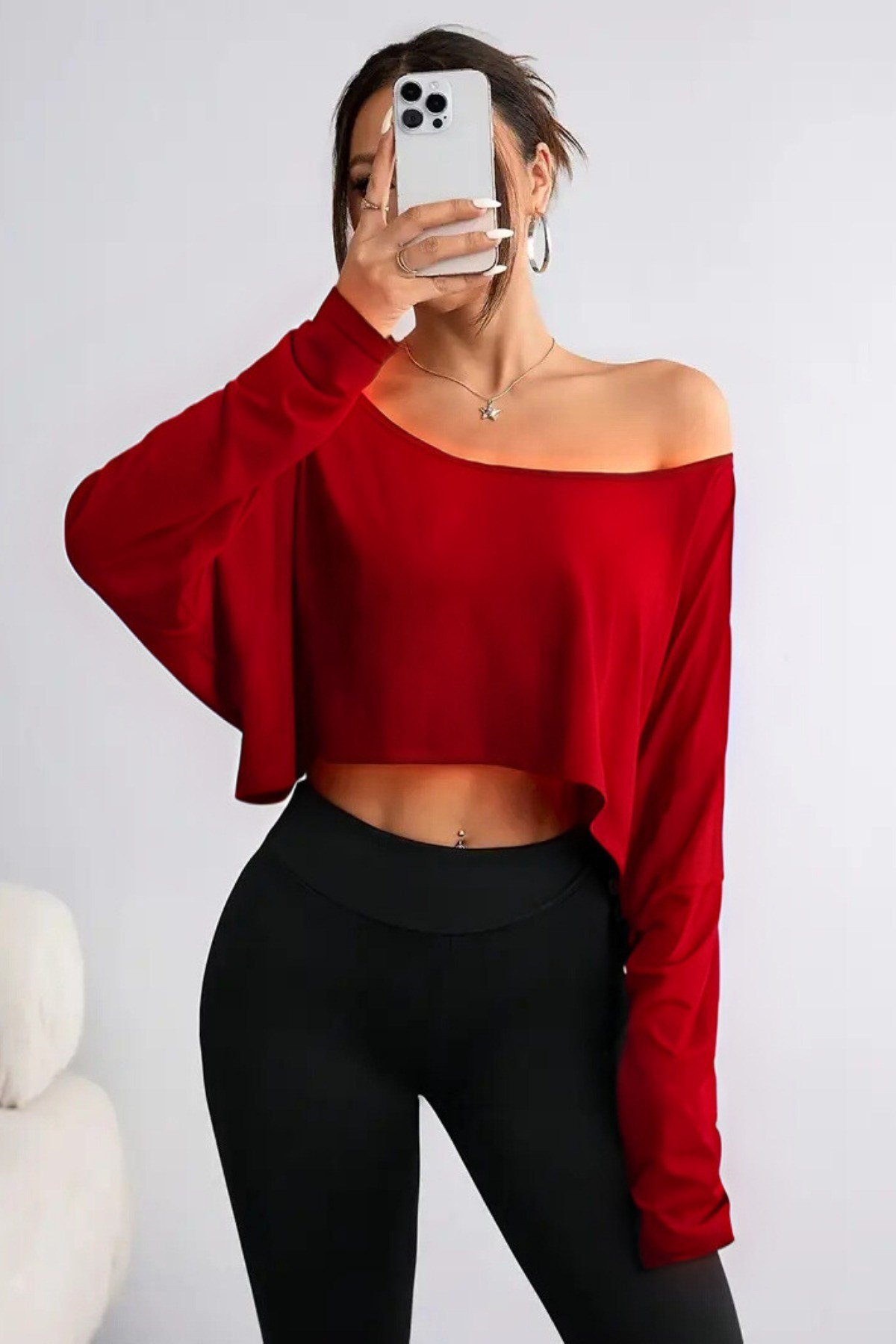 Tarz CoolCropUZNKDNTS030-M6-R70Kadın Düşük Omuz Kayık Yaka Oversize Uzun Kollu Crop T-Shirt