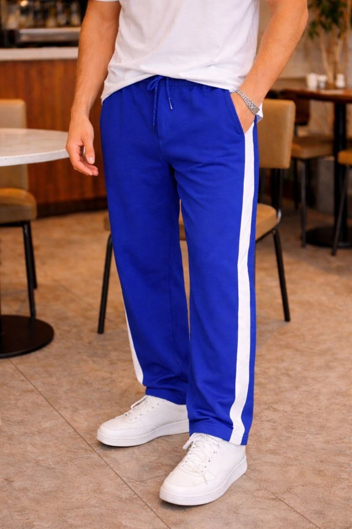 Tarz CoolEşofman AltıESF26001BYZXLErkek Şeritli Eşofman Altı Bağcıklı Baggy Rahat Kesim Günlük Spor Pantolon