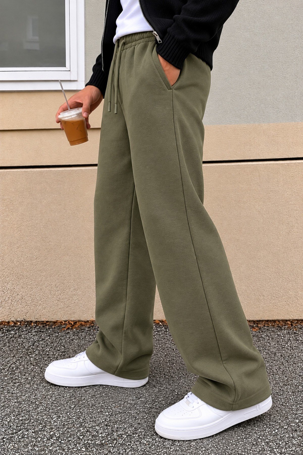 Tarz CoolEşofman AltıTRZ-BGY-301-Yeşil-MErkek Oversize Baggy Fit Eşofman Altı %100 Pamuk 3 İplik Şardonlu Bol Paça Rahat Kesim