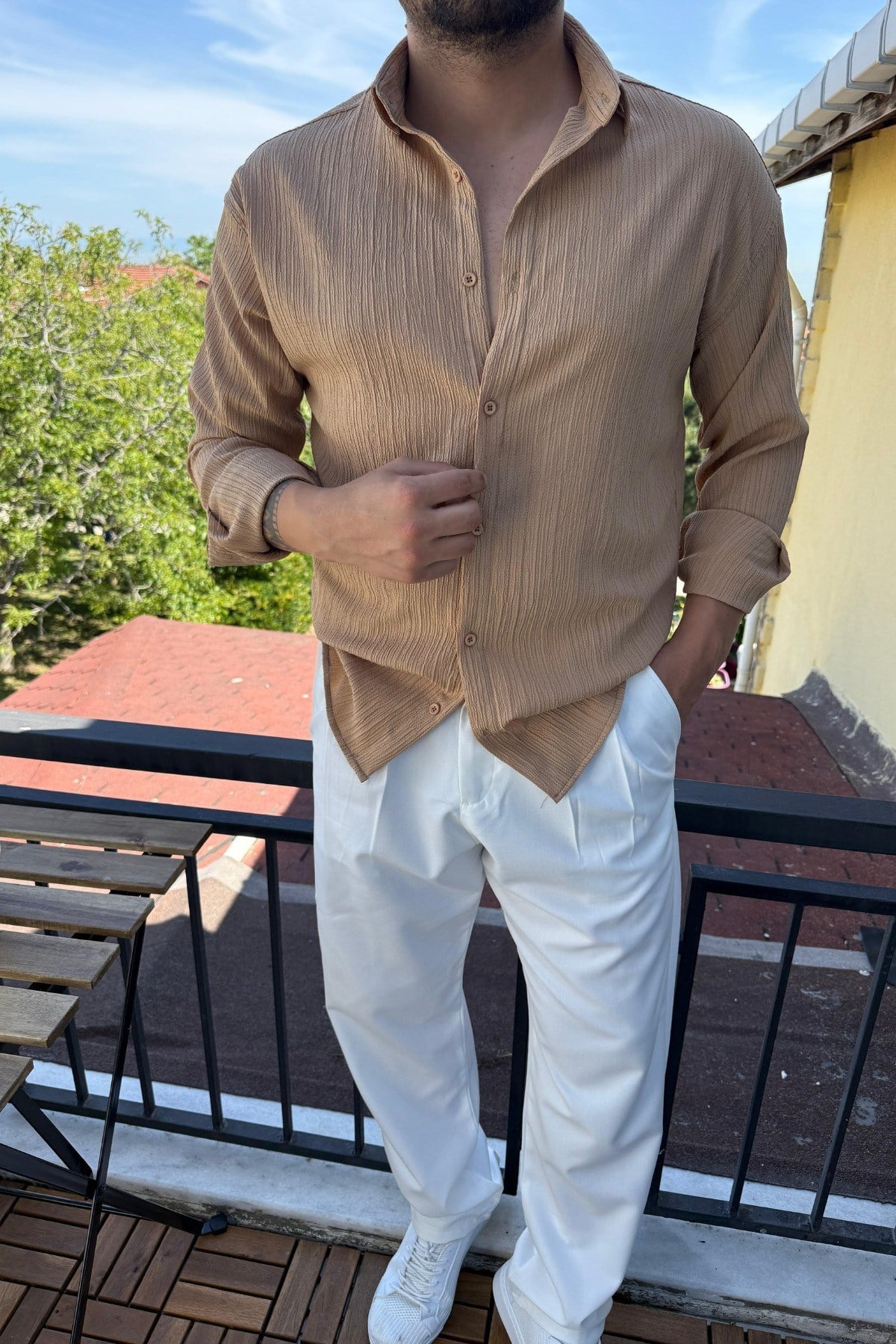 Tarz CoolGömlekBRMGMLK025R06Tam Kalıp Bürümcük Kumaş Gömlek Zümrüt Vizon