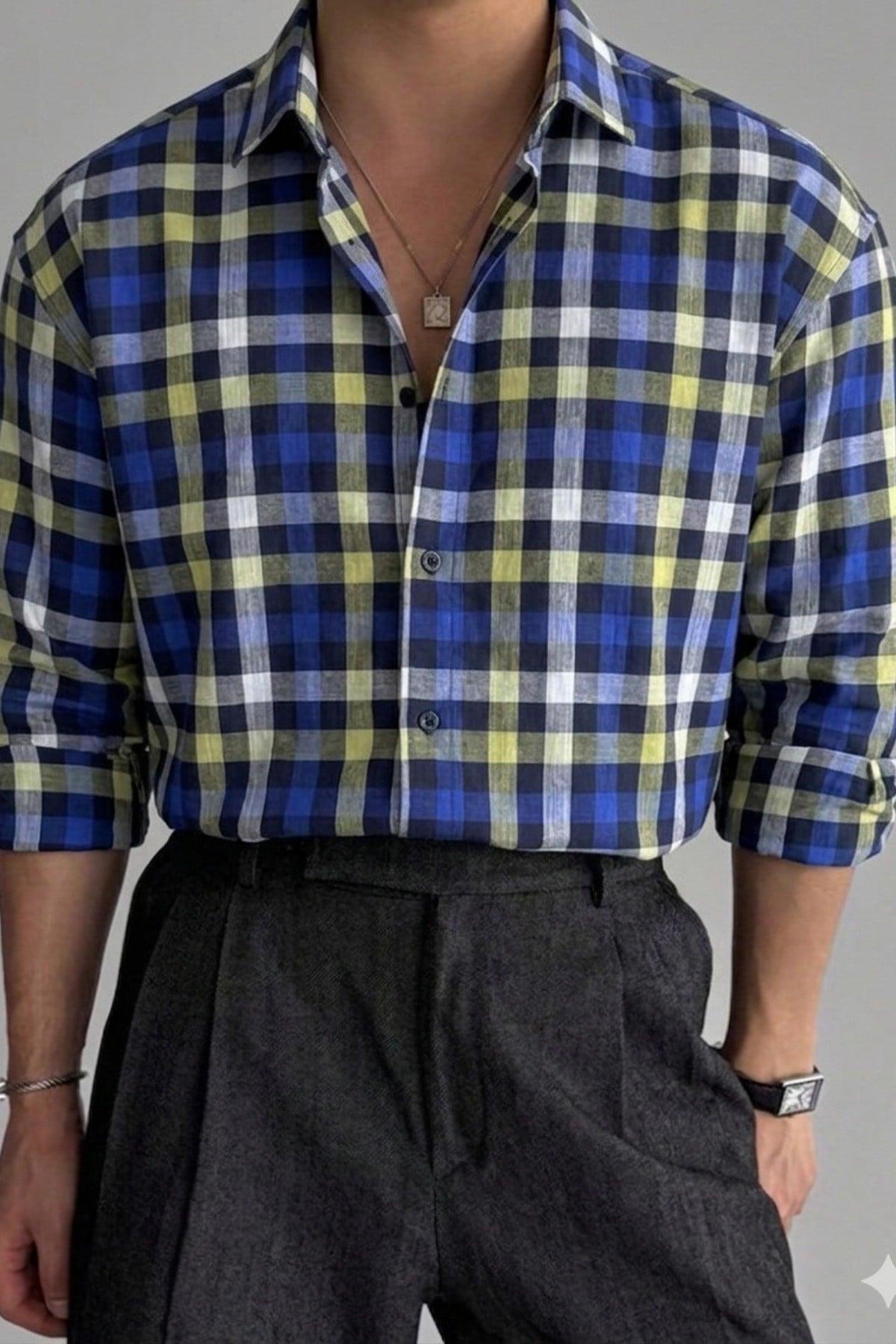 Tarz CoolGömlekEKO-ERK-001-Turkuaz-MErkek Ekose Gömlek Slim Fit Pamuklu Uzun Kollu Günlük Şık Gömlek