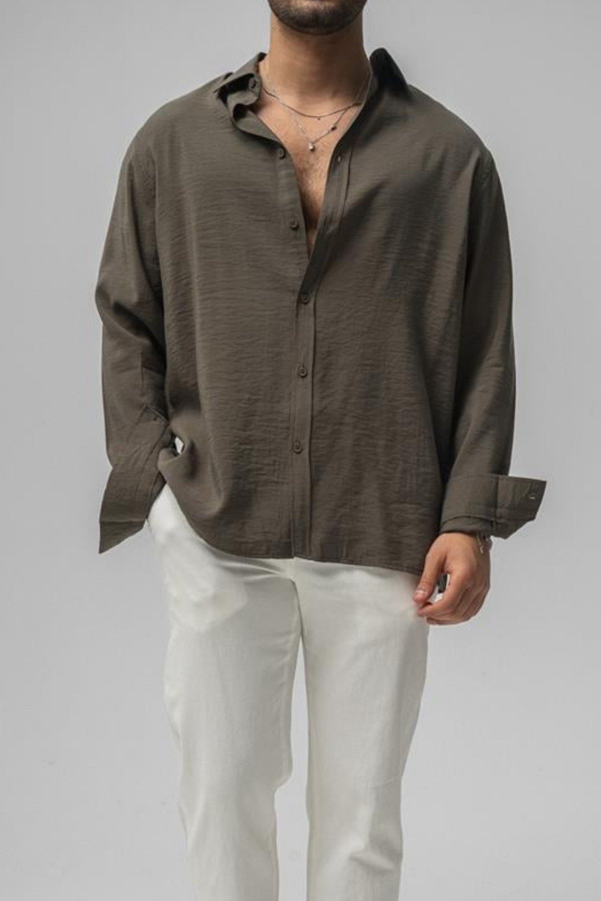 Tarz CoolGömlekGMLKWFL06R05Erkek Düz Keten Oversize Gömlek