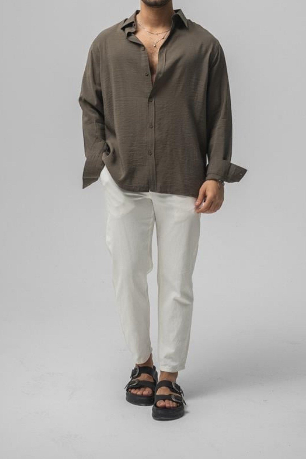 Tarz CoolGömlekGMLKWFL06R05Erkek Düz Keten Oversize Gömlek