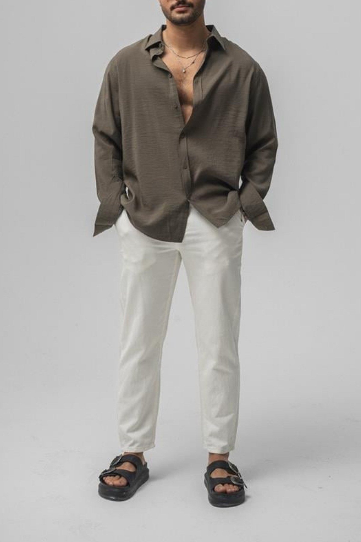 Tarz CoolGömlekGMLKWFL06R05Erkek Düz Keten Oversize Gömlek