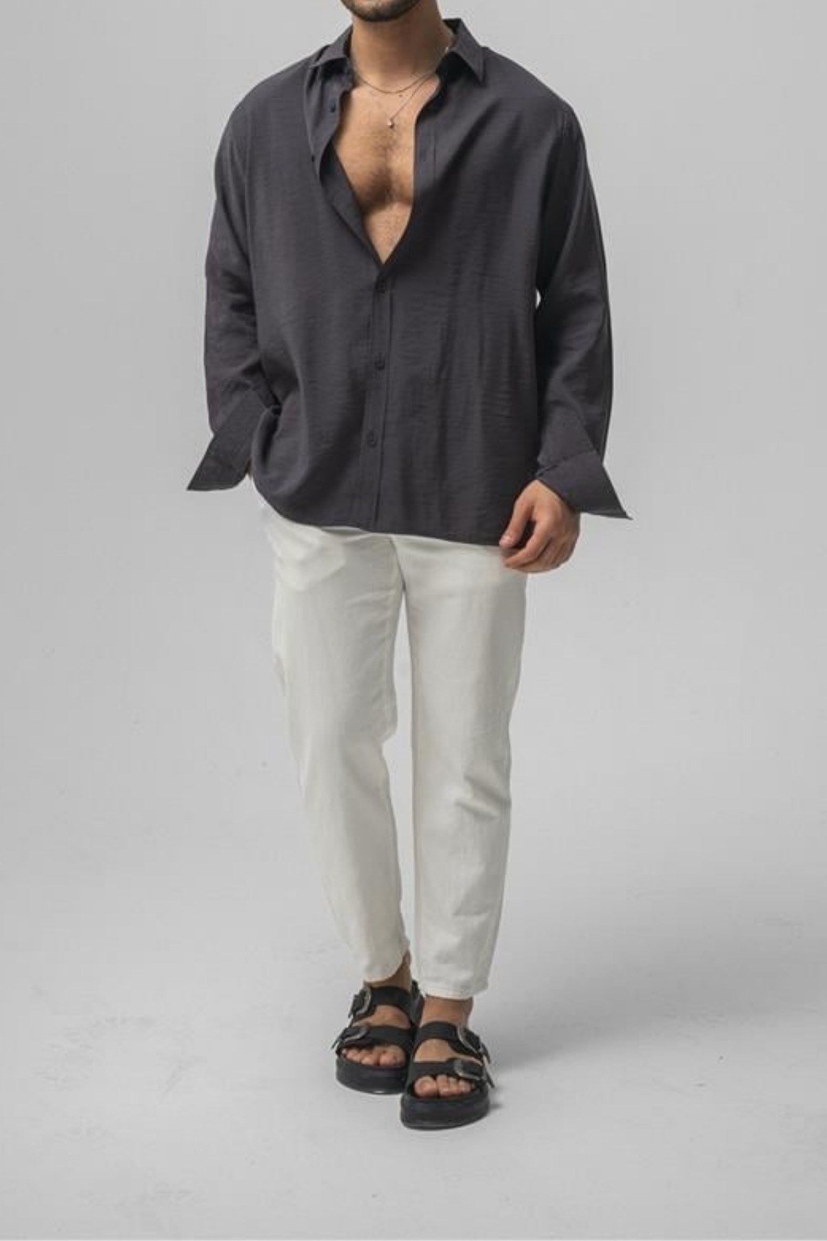 Tarz CoolGömlekGMLKWFL06R05Erkek Düz Keten Oversize Gömlek