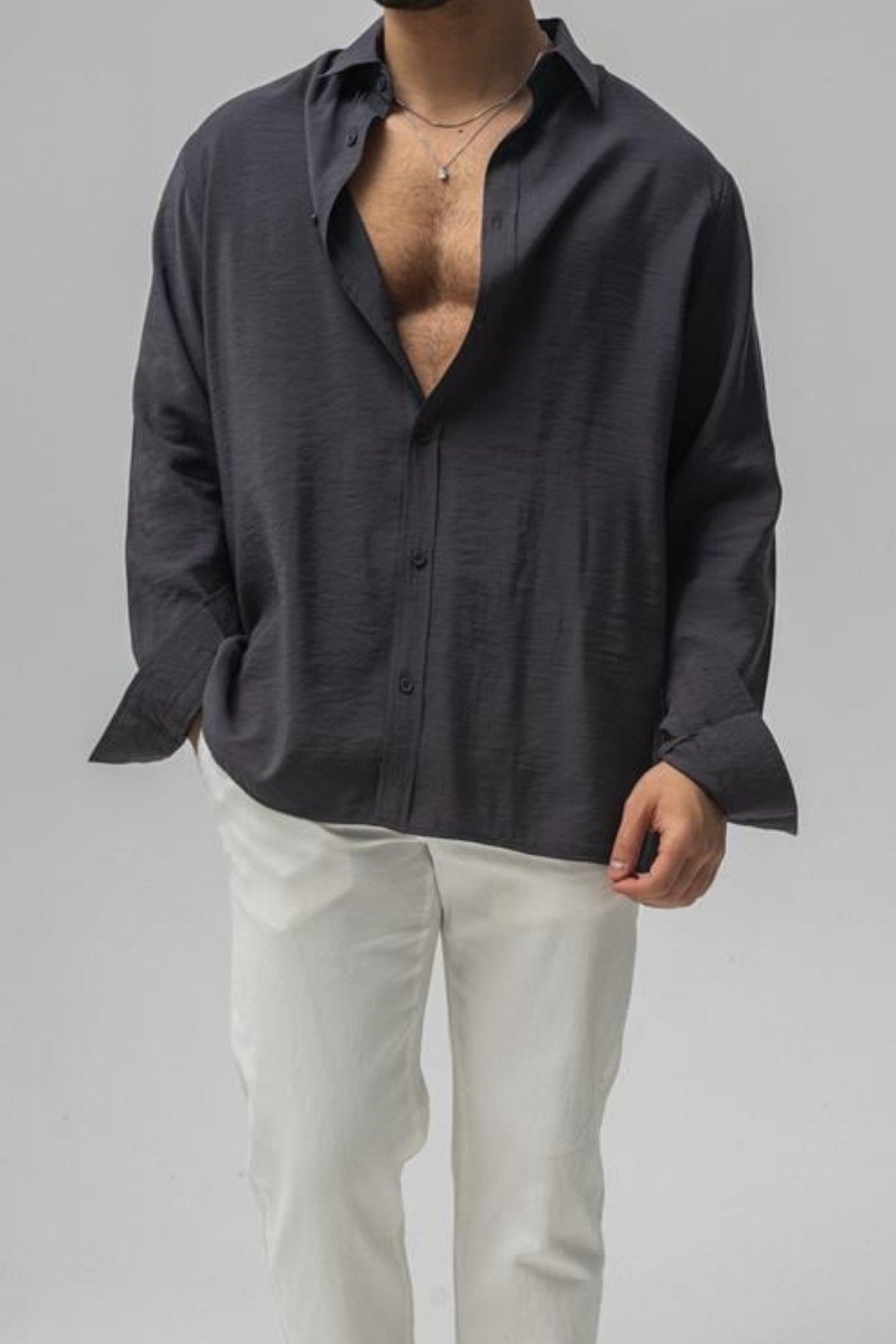 Tarz CoolGömlekGMLKWFL06R05Erkek Düz Keten Oversize Gömlek