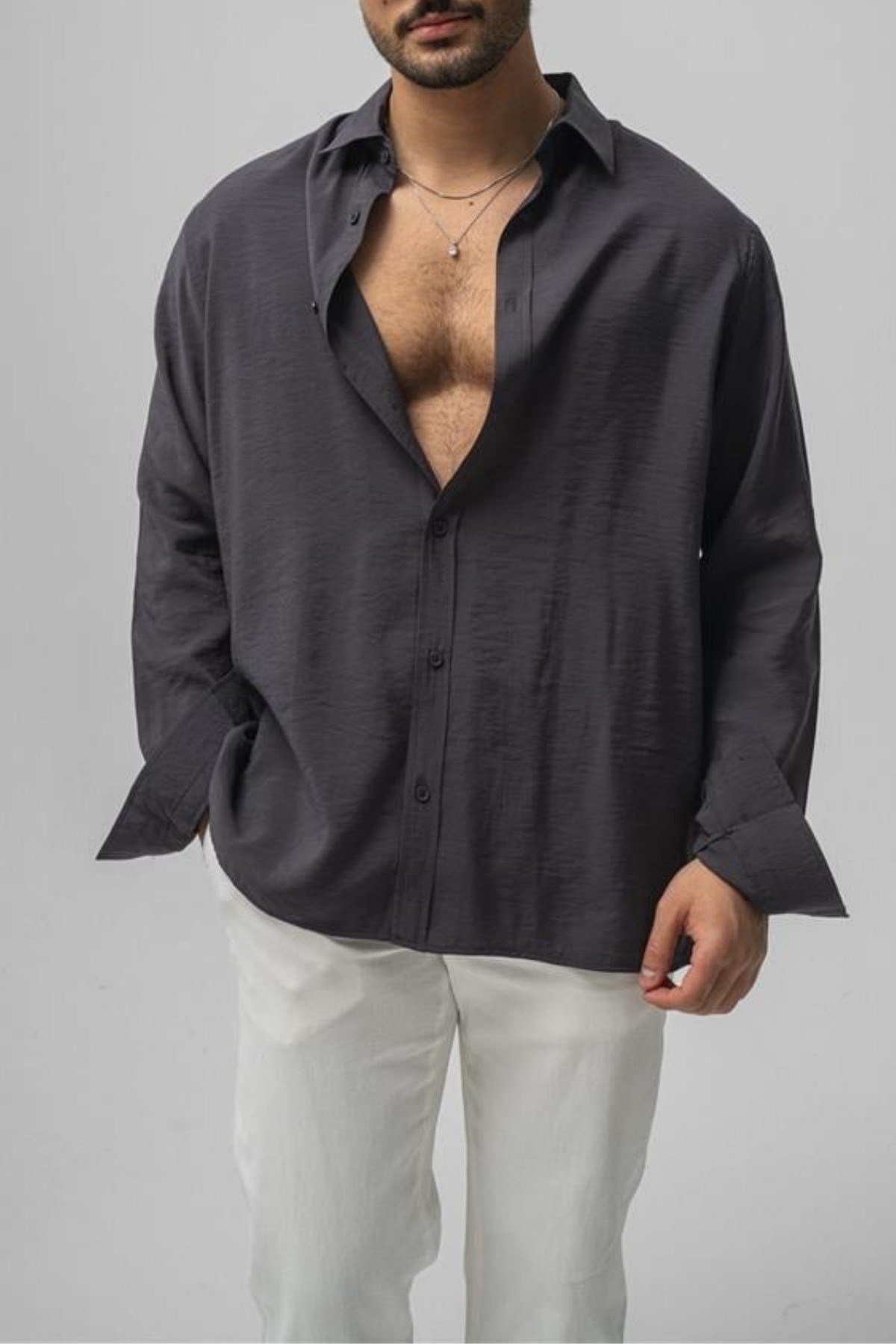 Tarz CoolGömlekGMLKWFL06R05Erkek Düz Keten Oversize Gömlek