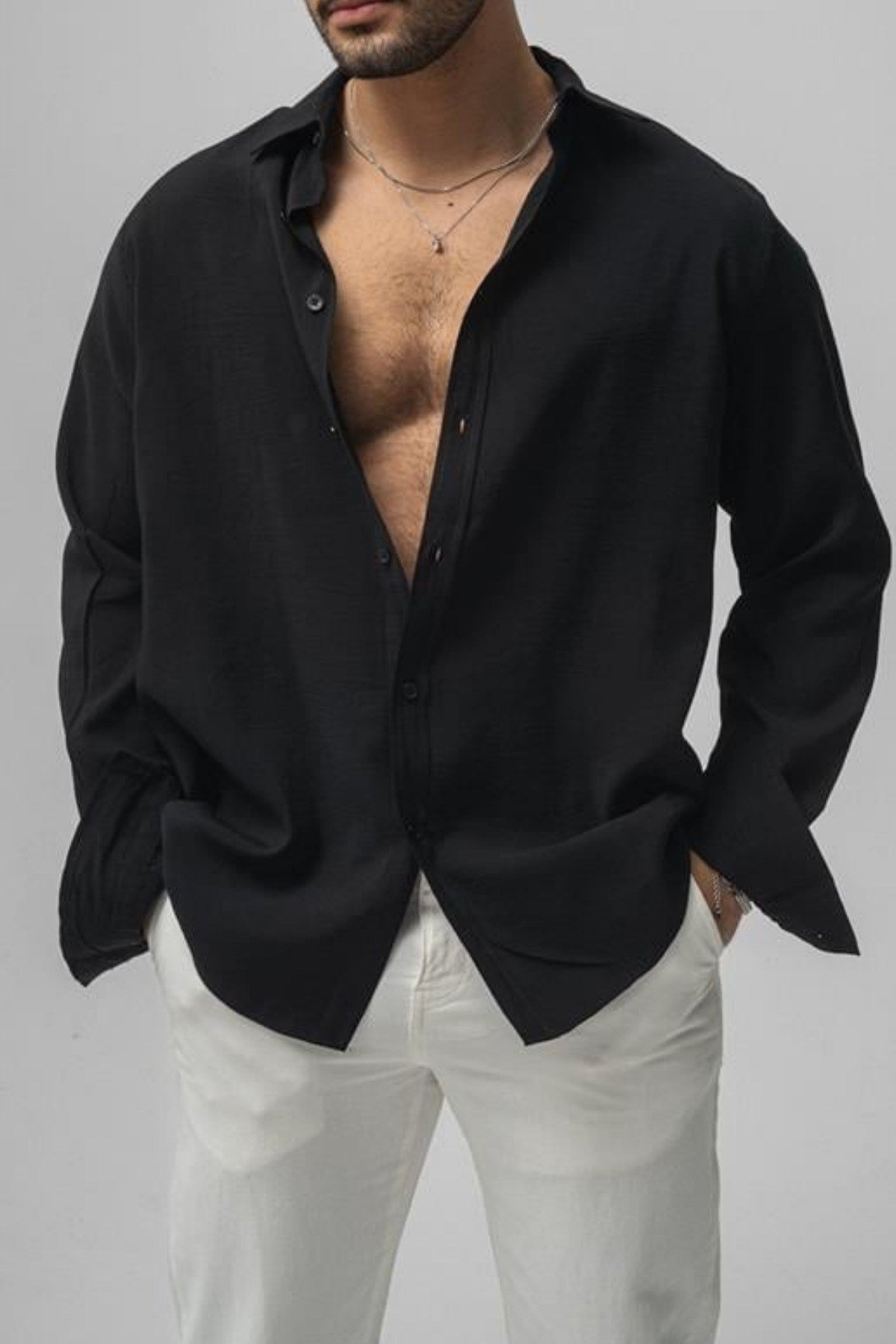 Tarz CoolGömlekGMLKWFL06R05Erkek Düz Keten Oversize Gömlek