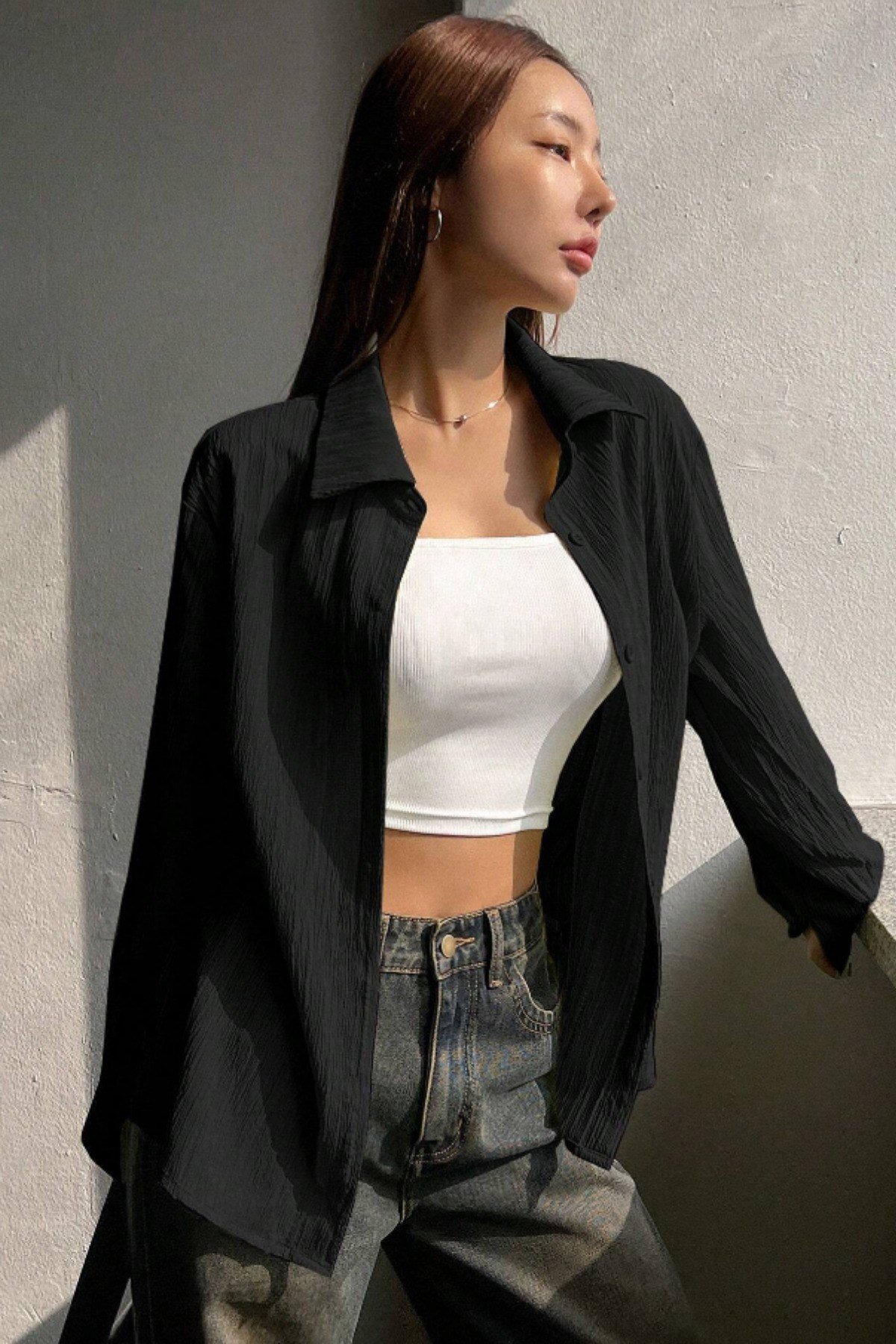Tarz CoolGömlekKDNBRMCG025R01Kadın Oversize Geniş Kesim Bürümcük Pens Detaylı Uzun Kollu Dokulu Gömlek