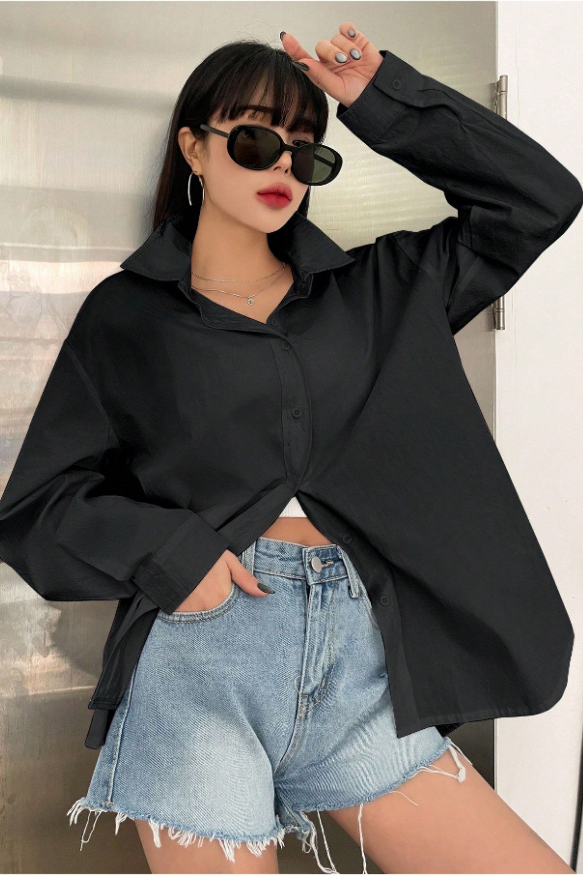 Tarz CoolGömlekKDNKTGM025R01Oversize Basic Uzun Kollu Gömlek Siyah