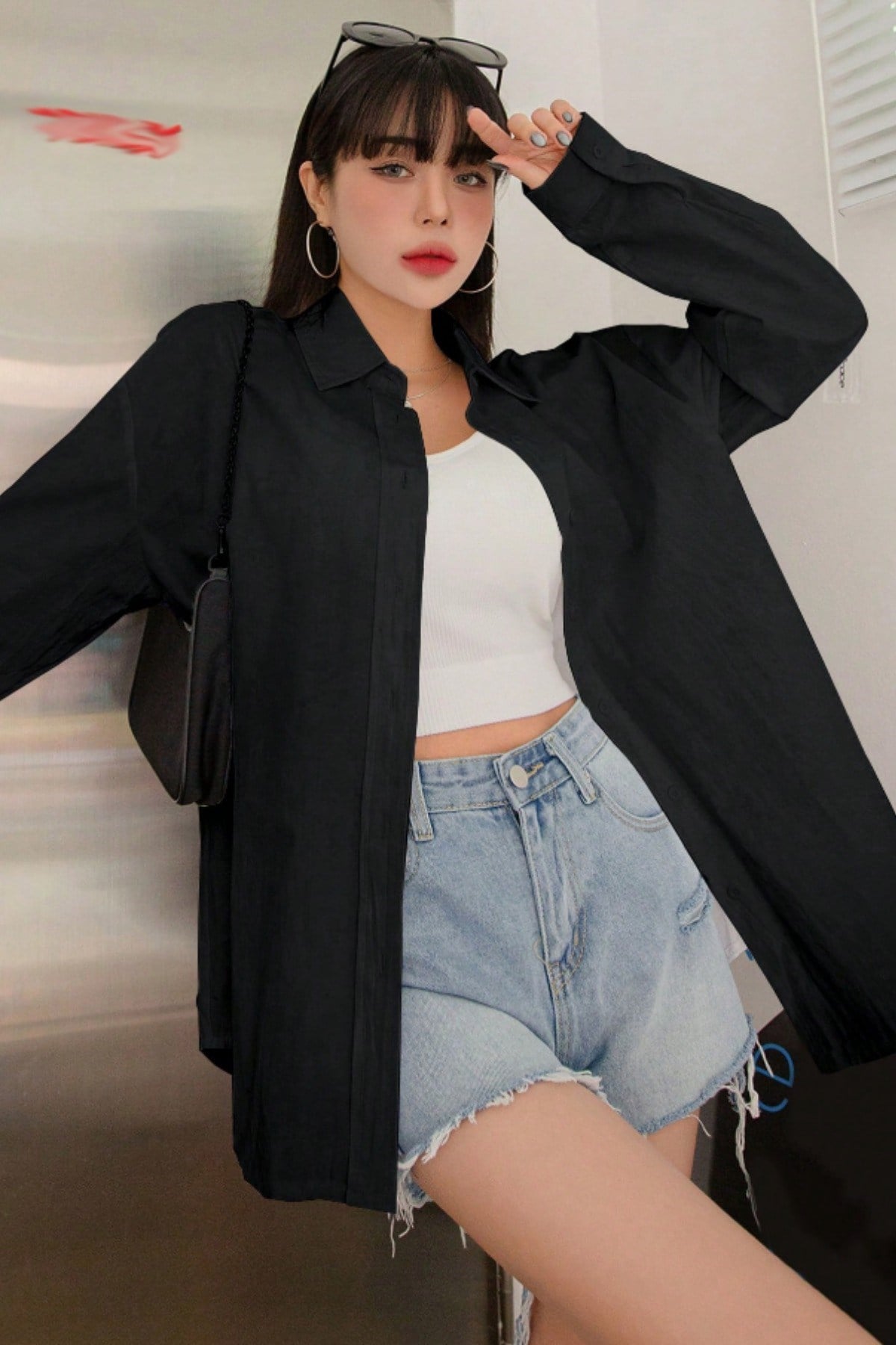 Tarz CoolGömlekKDNKTGM025R01Oversize Basic Uzun Kollu Gömlek Siyah
