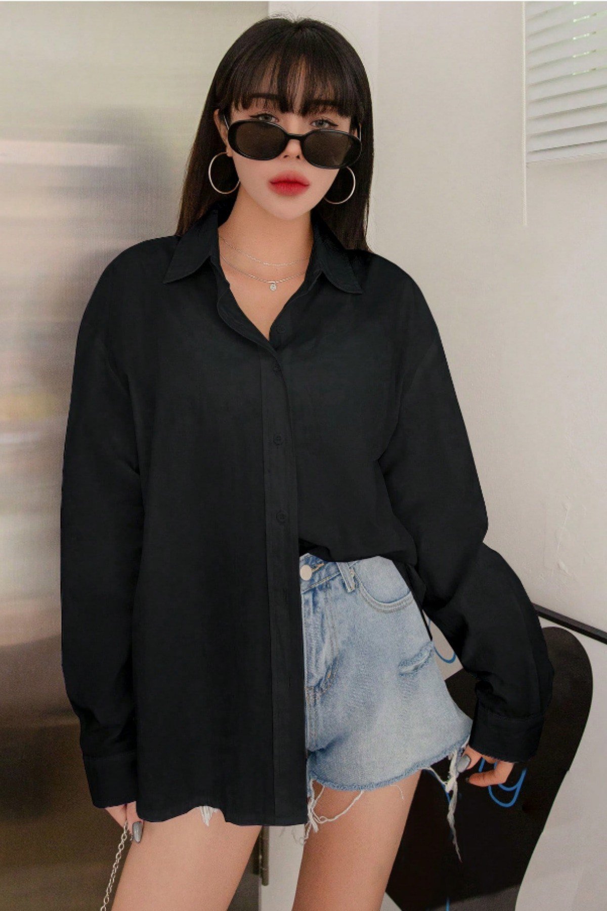 Tarz CoolGömlekKDNKTGM025R01Oversize Basic Uzun Kollu Gömlek Siyah