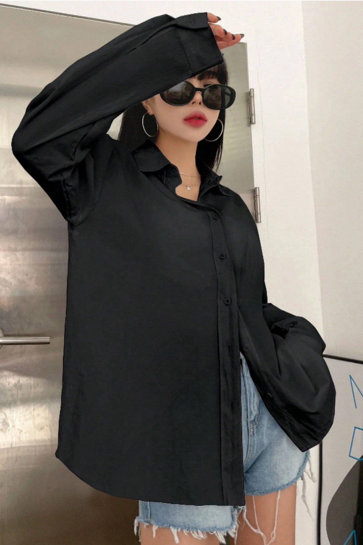 Tarz CoolGömlekKDNKTGM025R01Oversize Basic Uzun Kollu Gömlek Siyah
