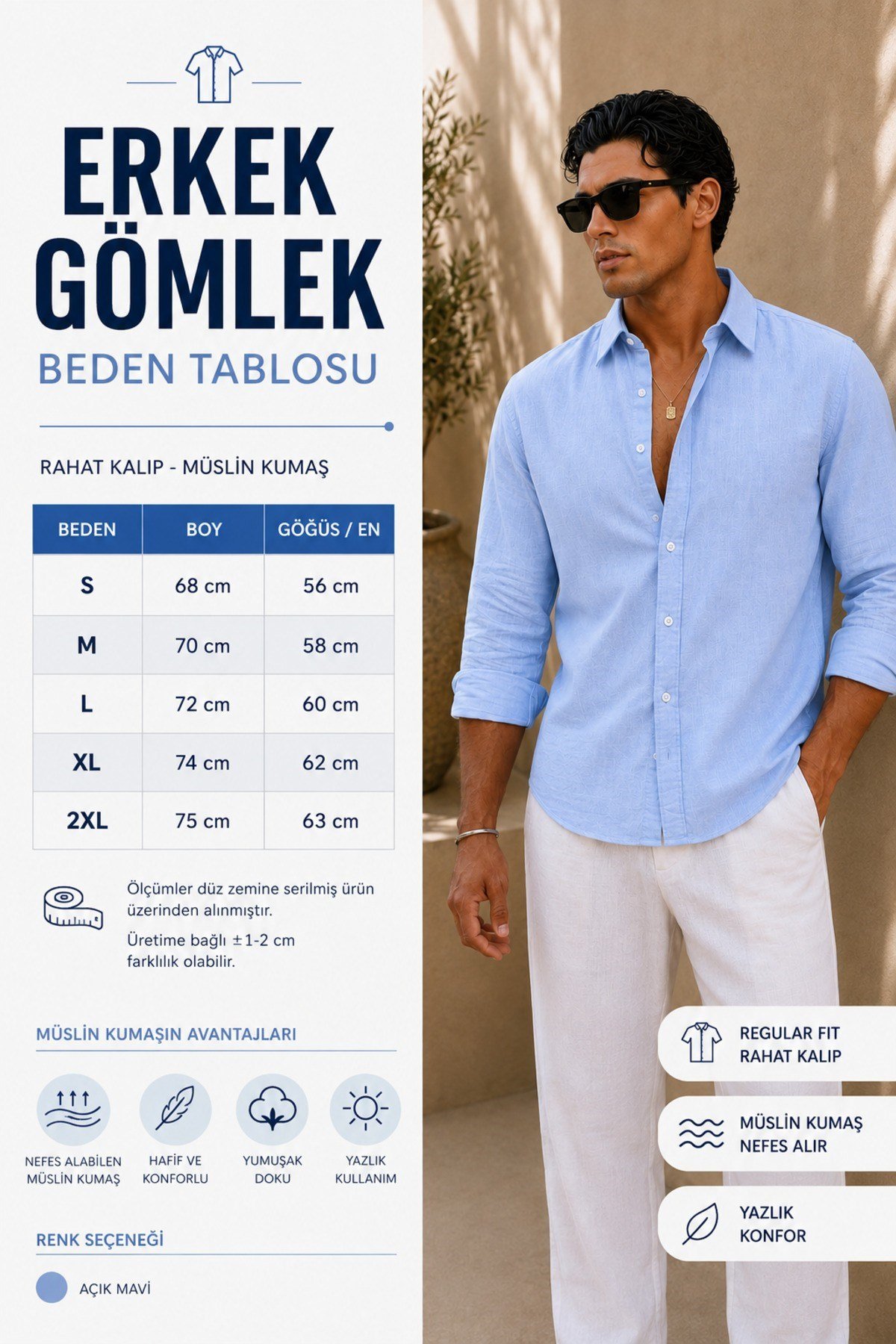 Tarz CoolGömlekMSLNUZGM026-Bej-MNefes Alabilir Regular Müslin Kumaş Uzun Kol Yakalı Erkek Gömlek