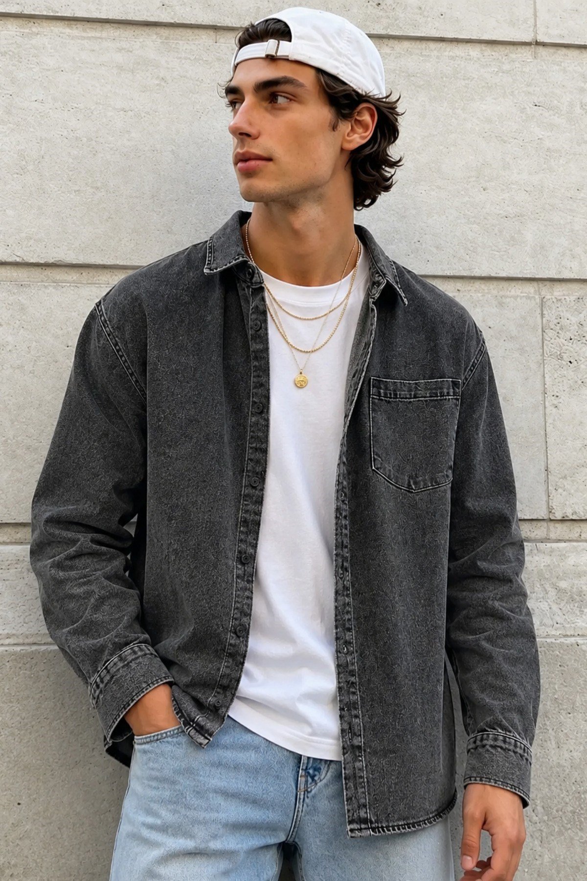 Tarz CoolGömlekRGSRSGML026-Yeşil-MErkek Regular Denim Gömlek – Yıkamalı Kot Uzun Kollu Cepli Jean Gömlek