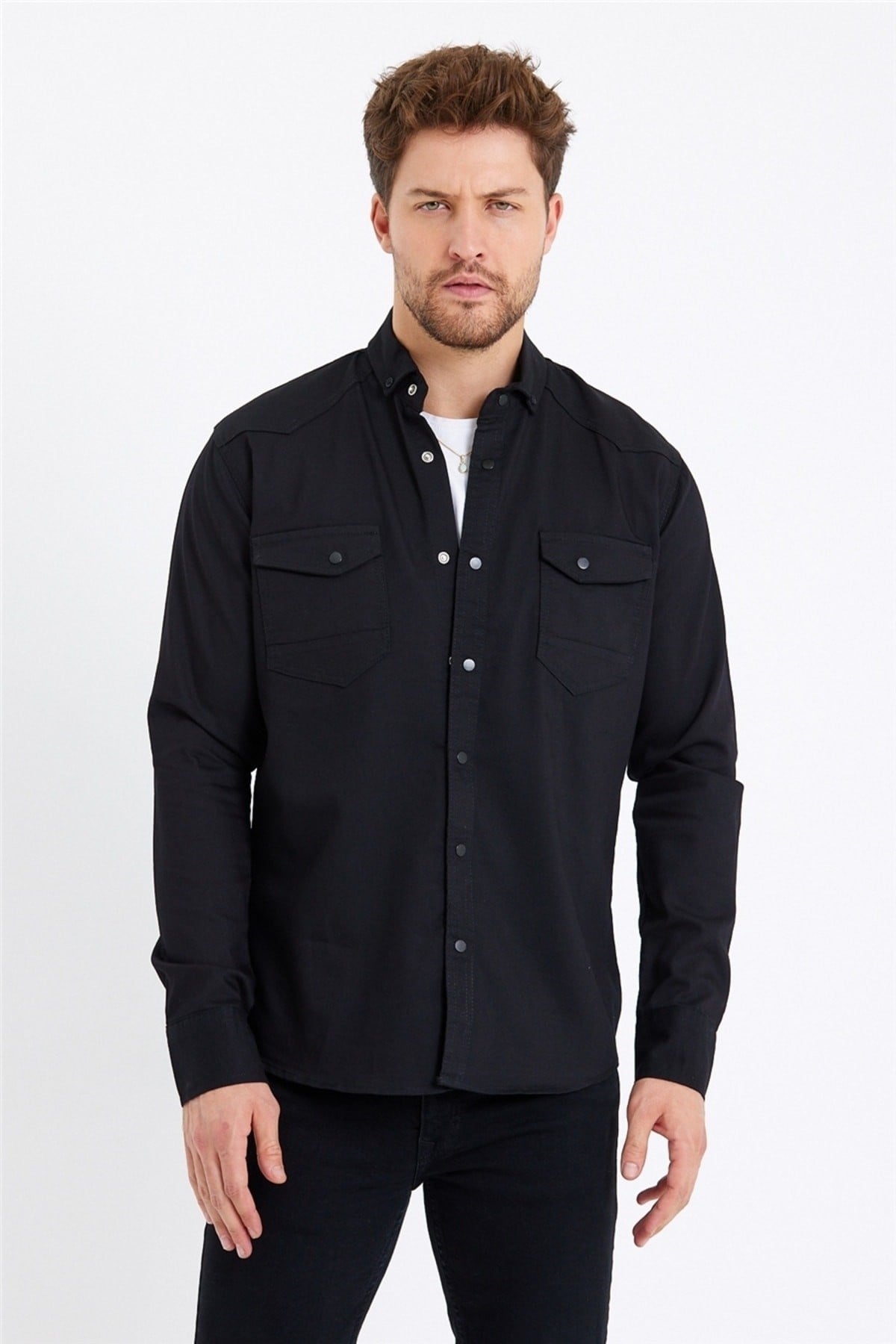 Tarz CoolGömlekTCKTGMLK-M7-R9Erkek Çift Cepli Çıt Çıt Düğmeli Slim Fit Kot Gömlek