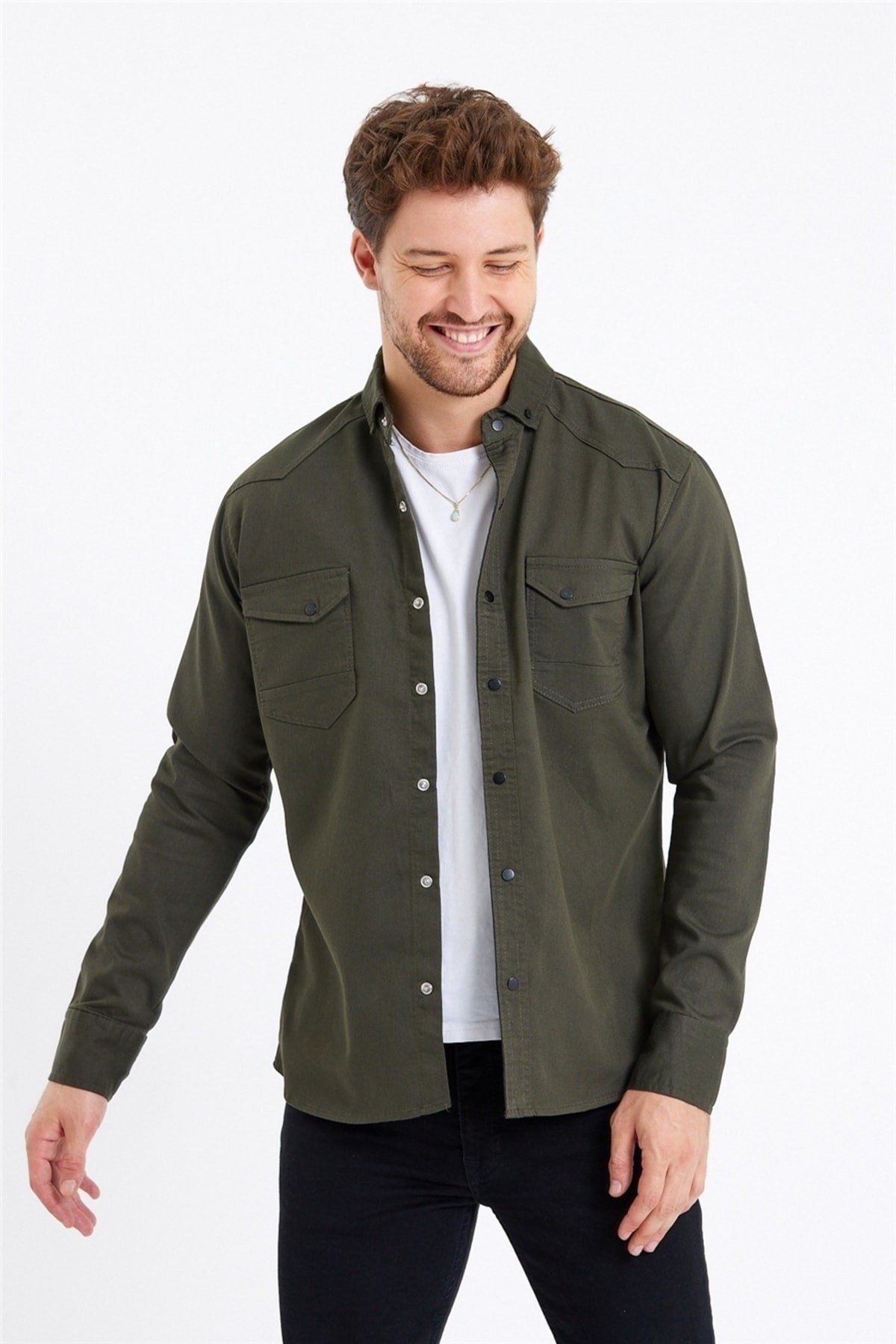 Tarz CoolGömlekTCKTGMLK-M7-R9Erkek Çift Cepli Çıt Çıt Düğmeli Slim Fit Kot Gömlek