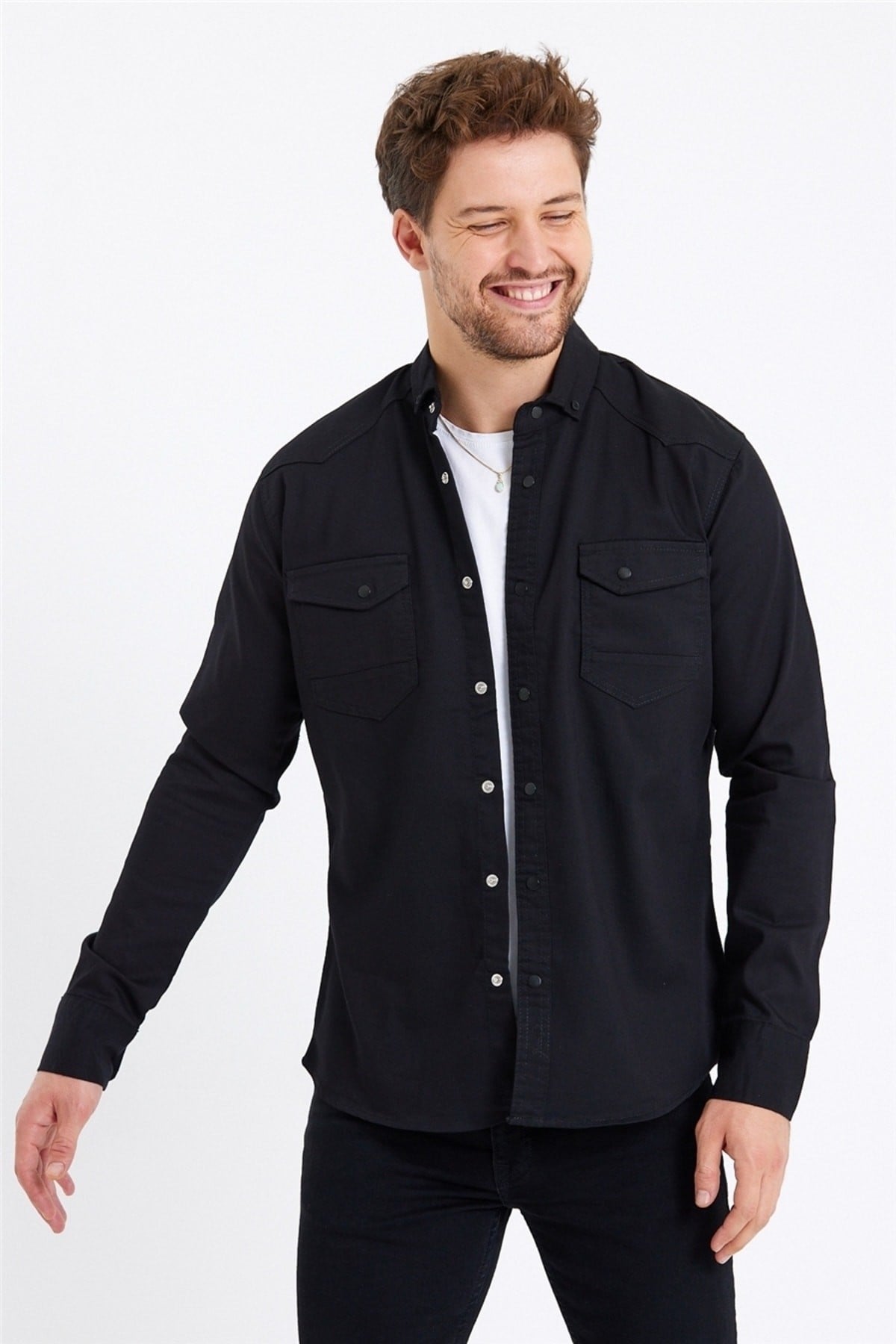 Tarz CoolGömlekTCKTGMLK-M7-R9Erkek Çift Cepli Çıt Çıt Düğmeli Slim Fit Kot Gömlek