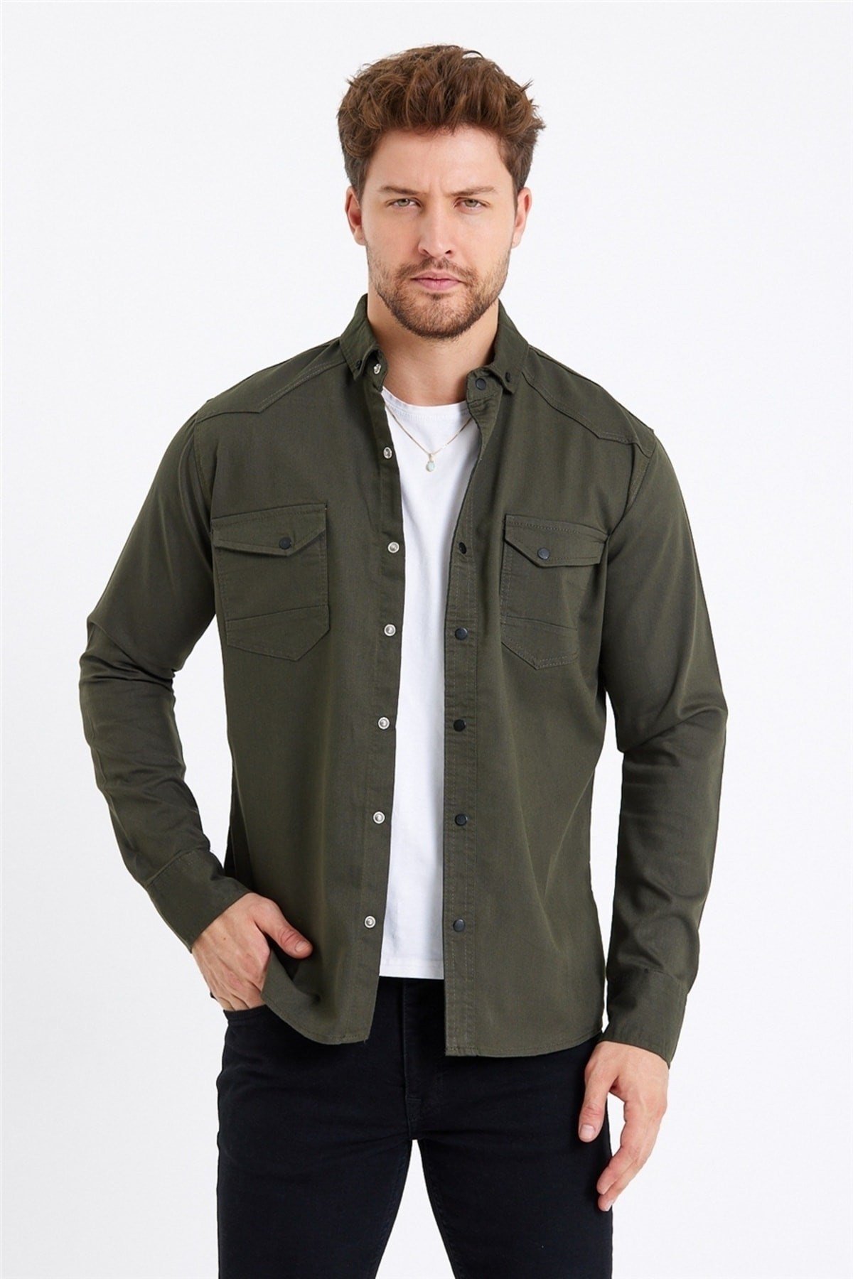 Tarz CoolGömlekTCKTGMLK-M7-R9Erkek Çift Cepli Çıt Çıt Düğmeli Slim Fit Kot Gömlek