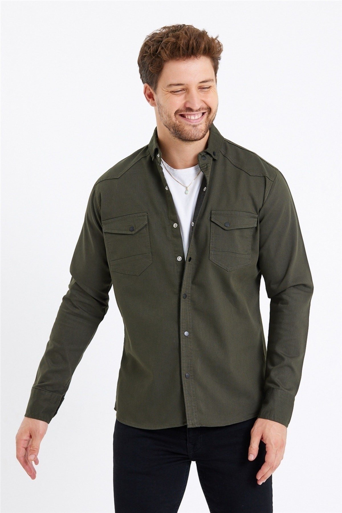 Tarz CoolGömlekTCKTGMLK-M7-R9Erkek Çift Cepli Çıt Çıt Düğmeli Slim Fit Kot Gömlek