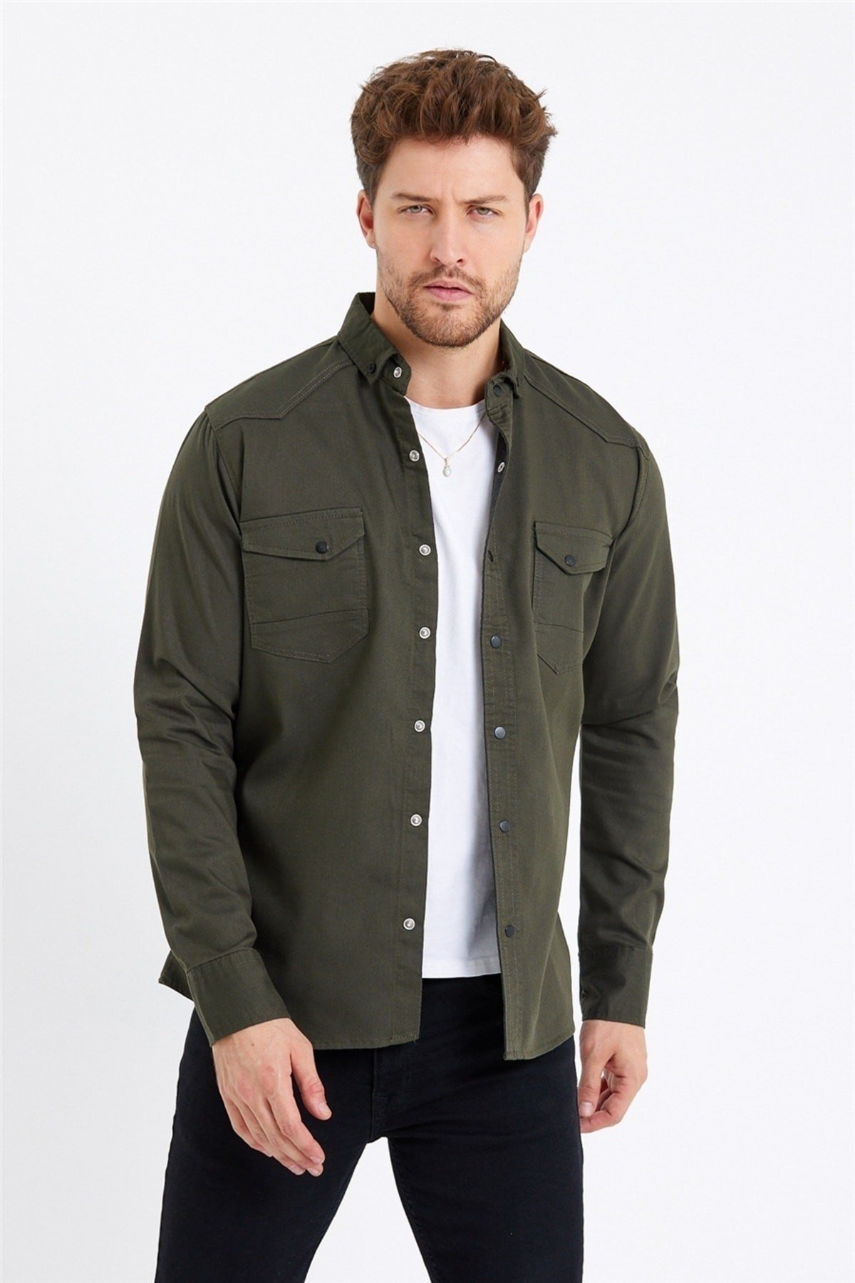 Tarz CoolGömlekTCKTGMLK-M7-R9Erkek Çift Cepli Çıt Çıt Düğmeli Slim Fit Kot Gömlek