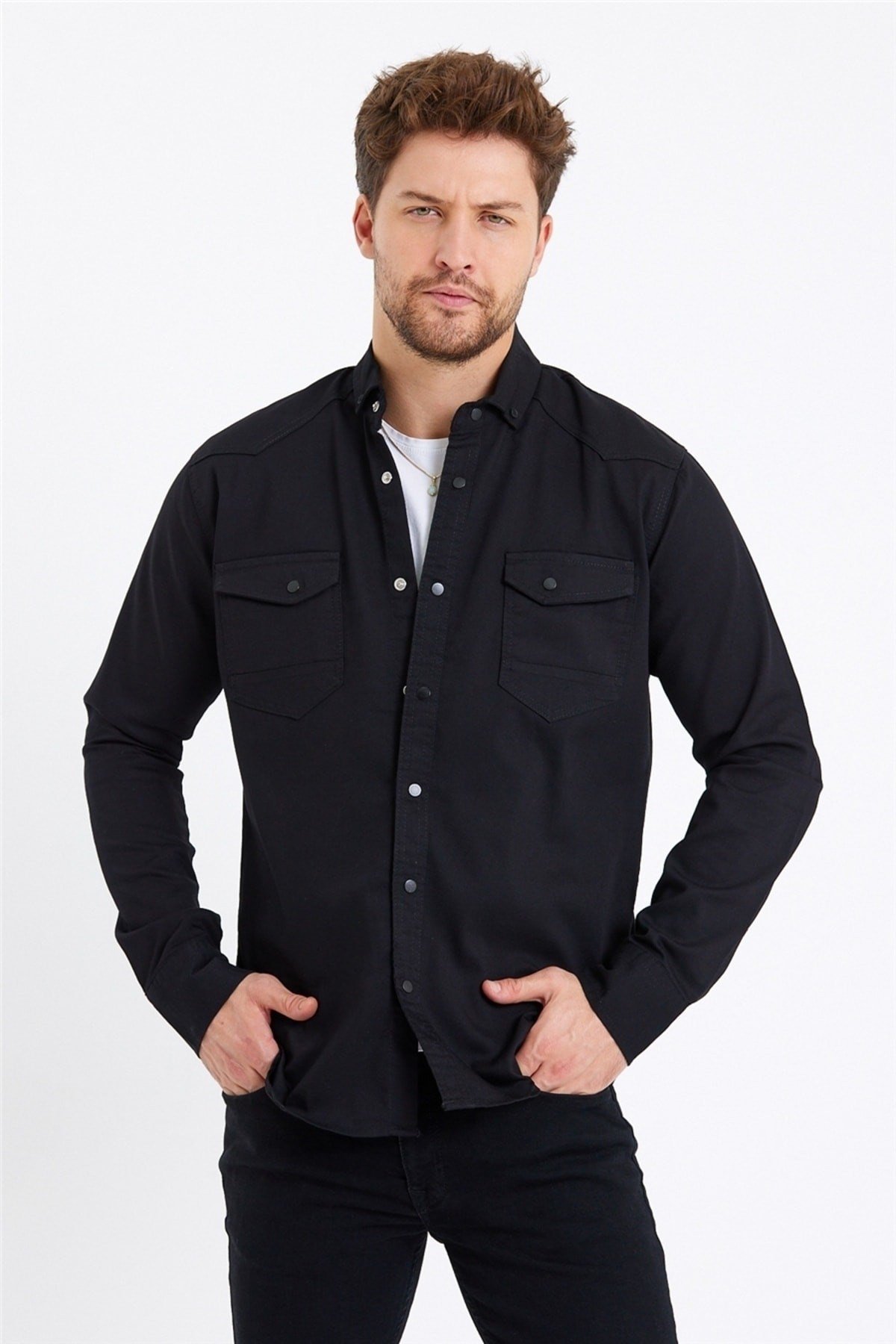 Tarz CoolGömlekTCKTGMLK-M7-R9Erkek Çift Cepli Çıt Çıt Düğmeli Slim Fit Kot Gömlek