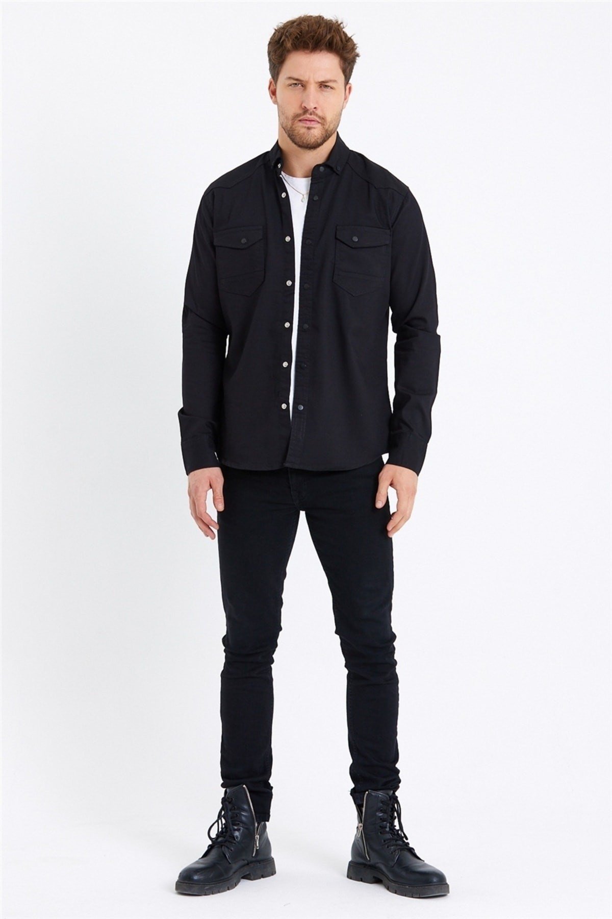 Tarz CoolGömlekTCKTGMLK-M7-R9Erkek Çift Cepli Çıt Çıt Düğmeli Slim Fit Kot Gömlek