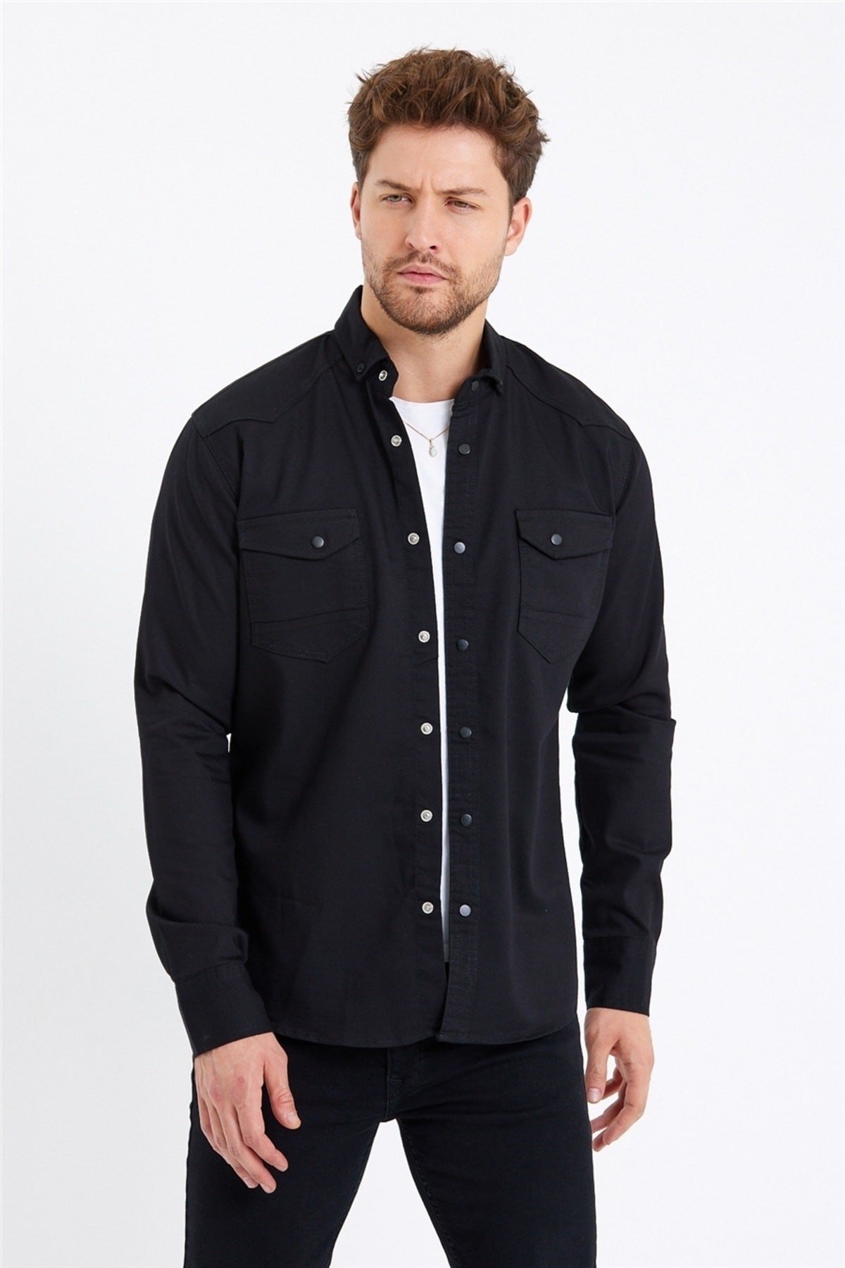 Tarz CoolGömlekTCKTGMLK-M7-R9Erkek Çift Cepli Çıt Çıt Düğmeli Slim Fit Kot Gömlek