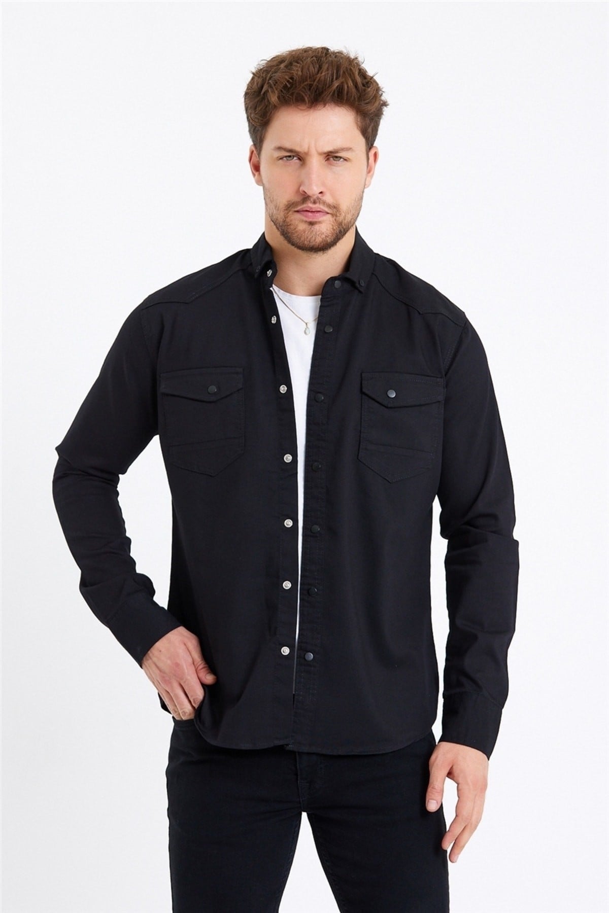 Tarz CoolGömlekTCKTGMLK-M7-R9Erkek Çift Cepli Çıt Çıt Düğmeli Slim Fit Kot Gömlek