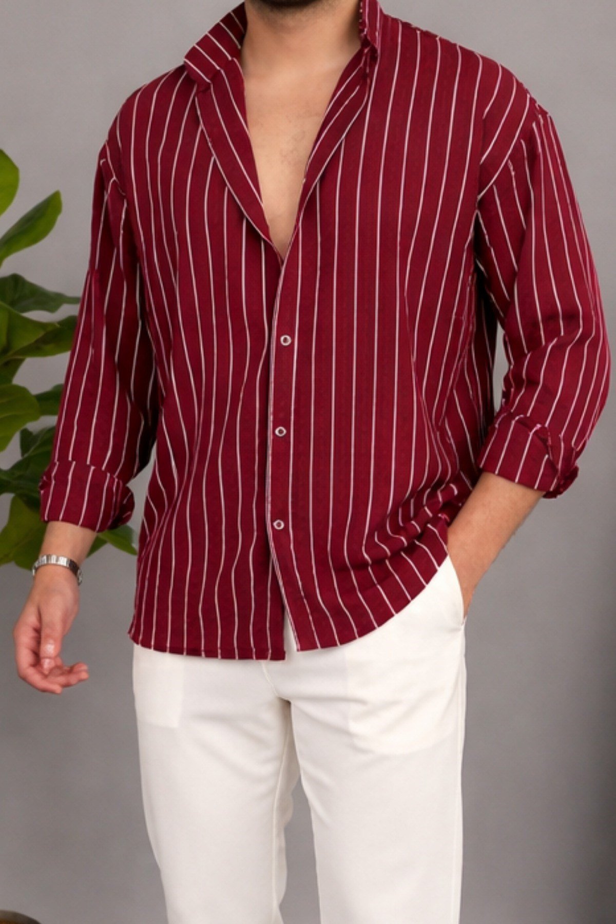 Tarz CoolGömlekTRZ-GMLK-26BRDSErkek İki Çizgili Regular Relaxed Fit Uzun Kollu Gömlek