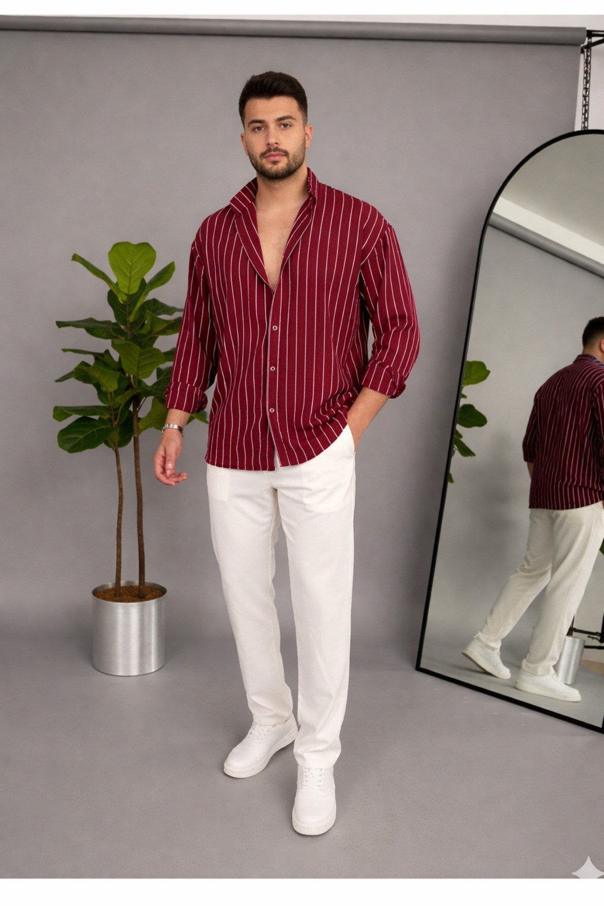 Tarz CoolGömlekTRZ-GMLK-26BRDSErkek İki Çizgili Regular Relaxed Fit Uzun Kollu Gömlek