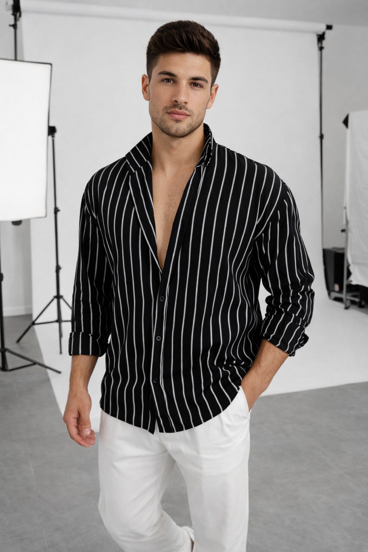 Tarz CoolGömlekTRZ-GMLK-26BRDSErkek İki Çizgili Regular Relaxed Fit Uzun Kollu Gömlek
