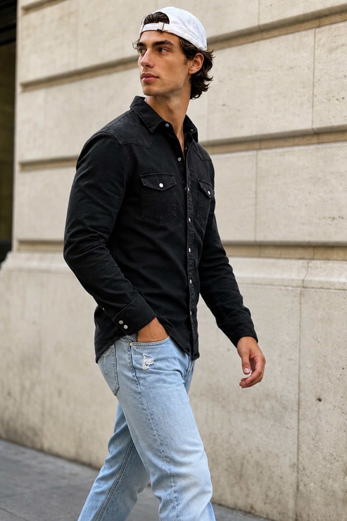 Tarz CoolGömlekTRZ-KTG-2601-SY-MErkek Slim Fit Siyah Kot Gömlek Çıtçıt Düğmeli Uzun Kollu Denim Gömlek
