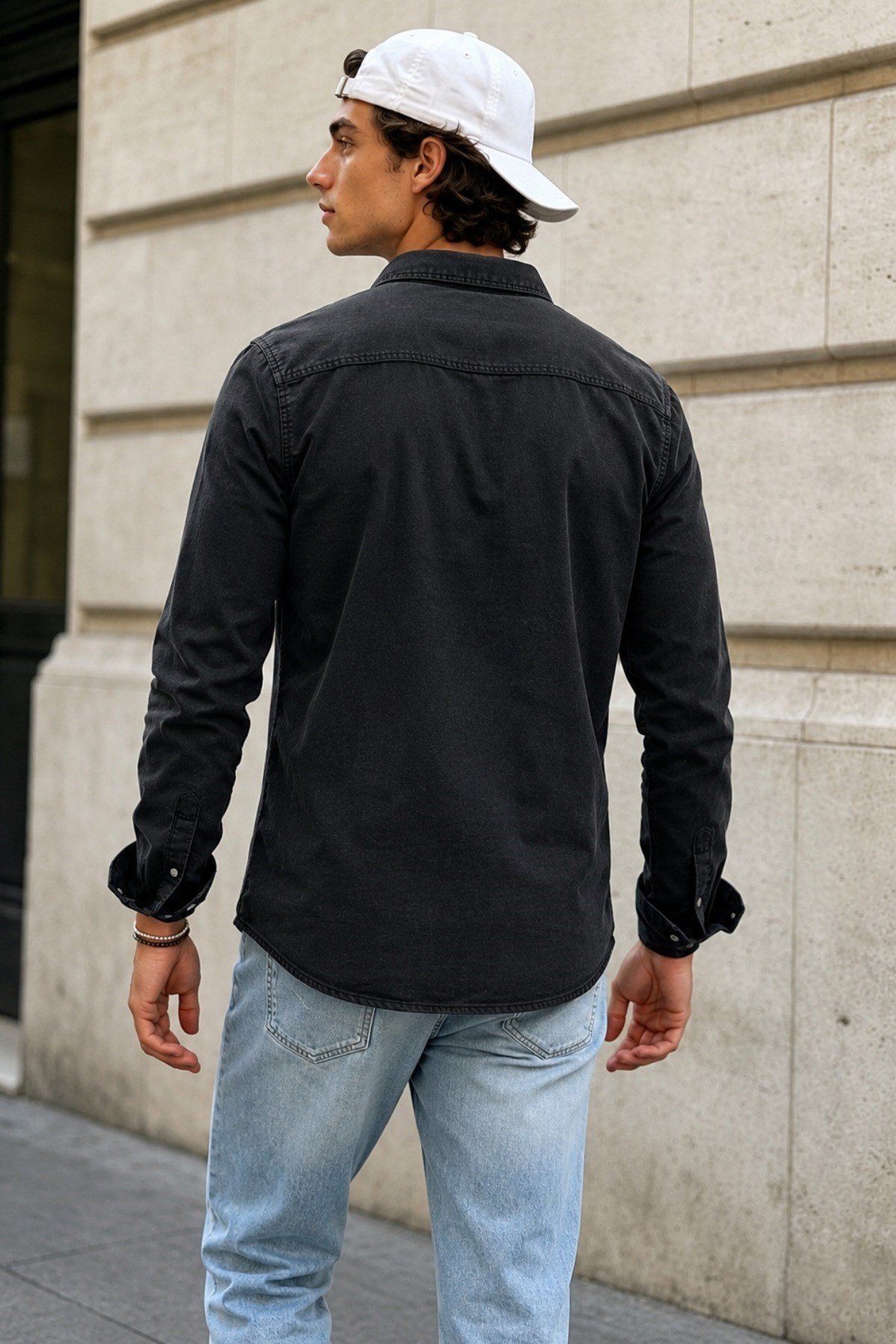 Tarz CoolGömlekTRZ-KTG-2601-SY-MErkek Slim Fit Siyah Kot Gömlek Çıtçıt Düğmeli Uzun Kollu Denim Gömlek