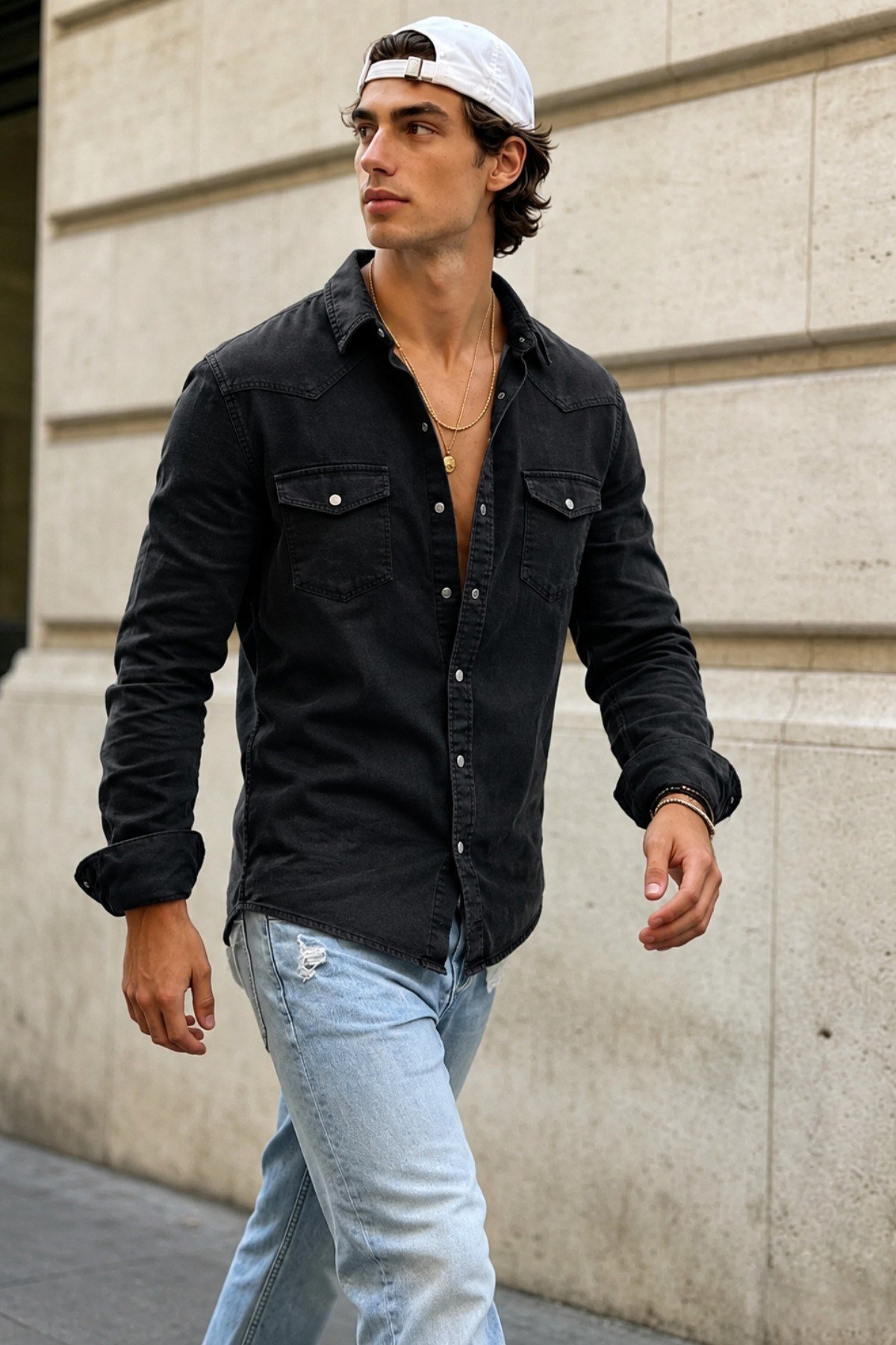 Tarz CoolGömlekTRZ-KTG-2601-SY-MErkek Slim Fit Siyah Kot Gömlek Çıtçıt Düğmeli Uzun Kollu Denim Gömlek