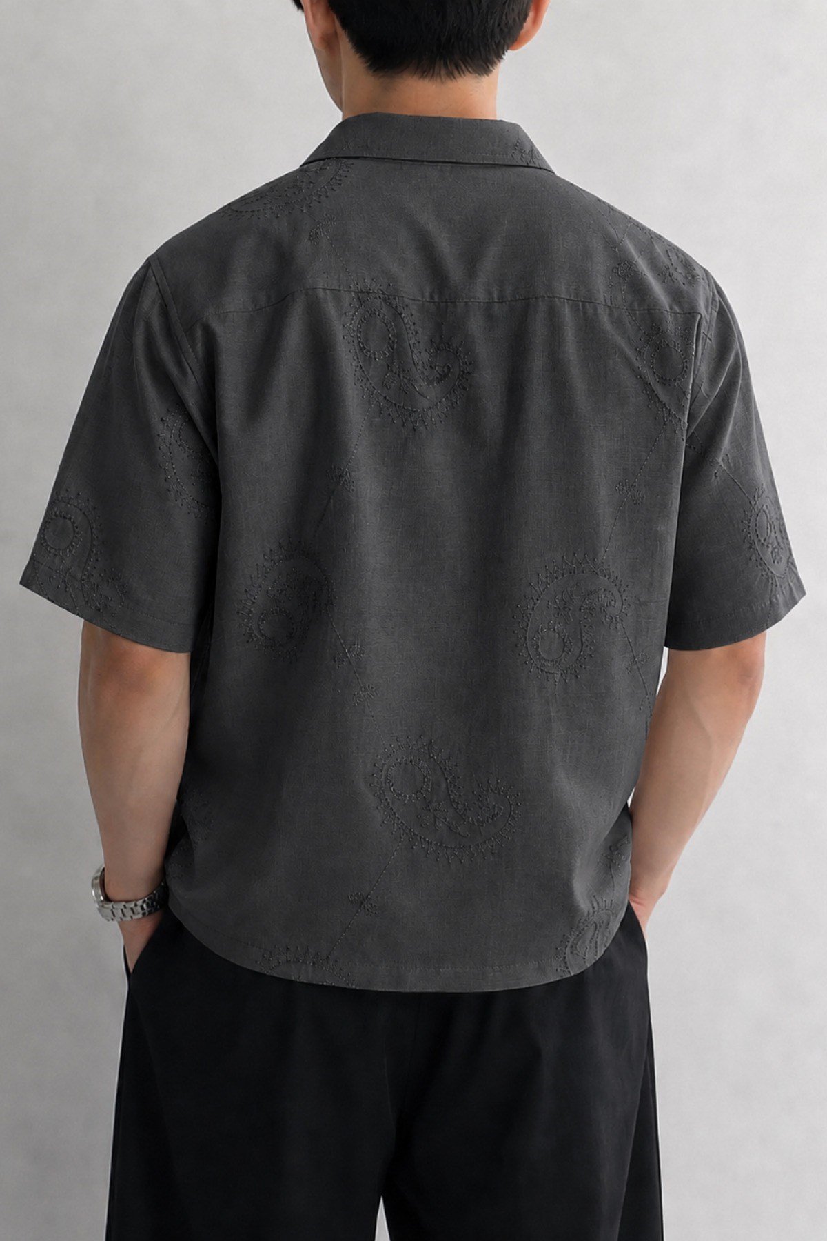 Tarz CoolGömlekTRZ-VNTGM-026-Bej-SErkek Nakış Detaylı Oversize Gömlek Kısa Kollu Yazlık Rahat Kalıp Vintage Gömlek