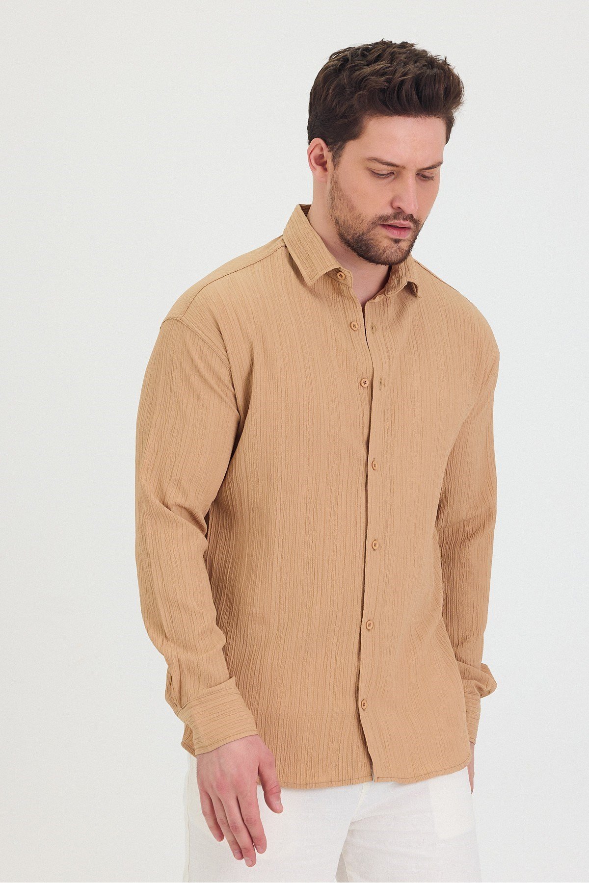 Tarz CoolGömlekTrzçizgi01-M7-R62Erkek Kendinden Çizgi Detaylı Slim Fit Dar Kalıp Uzun Kol Gömlek
