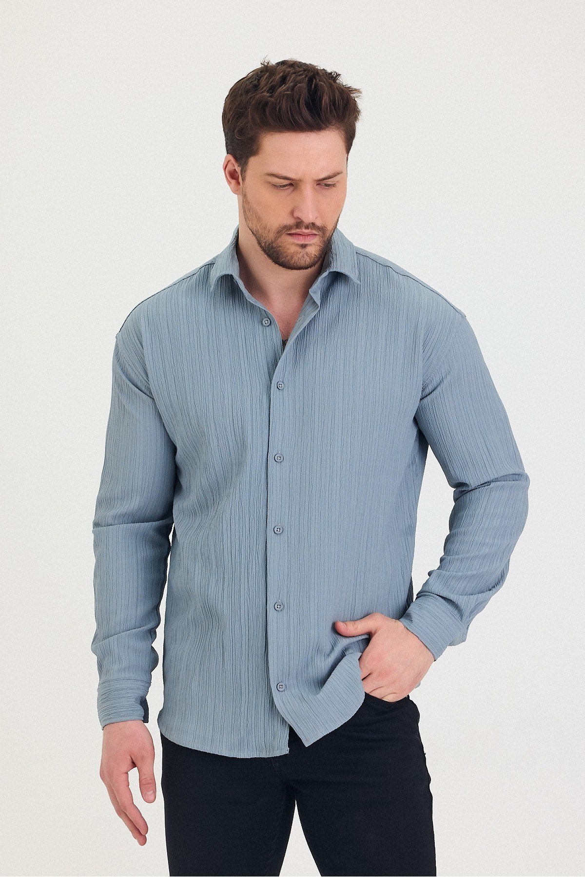 Tarz CoolGömlekTrzçizgi01-M7-R62Erkek Kendinden Çizgi Detaylı Slim Fit Dar Kalıp Uzun Kol Gömlek