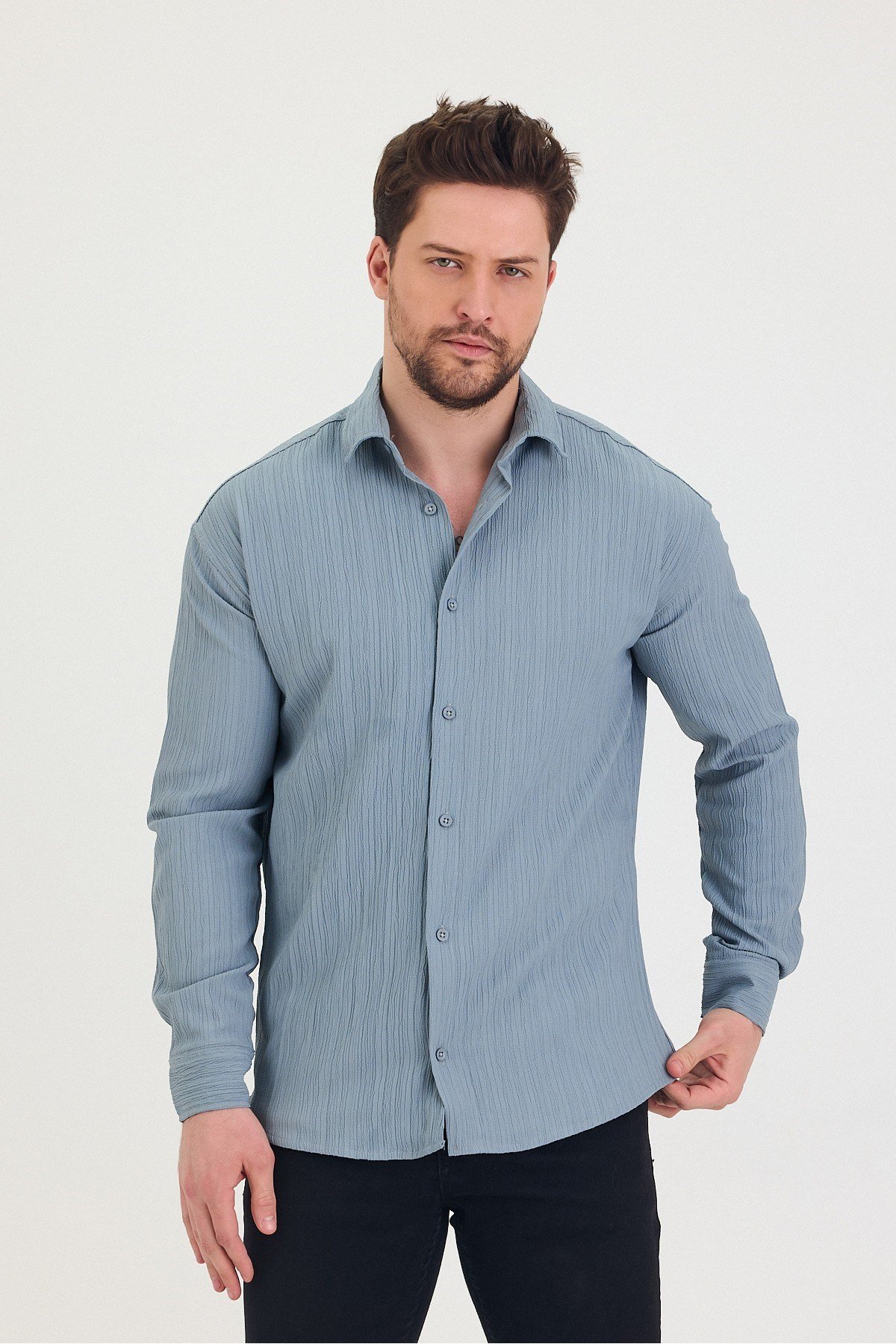 Tarz CoolGömlekTrzçizgi01-M7-R62Erkek Kendinden Çizgi Detaylı Slim Fit Dar Kalıp Uzun Kol Gömlek